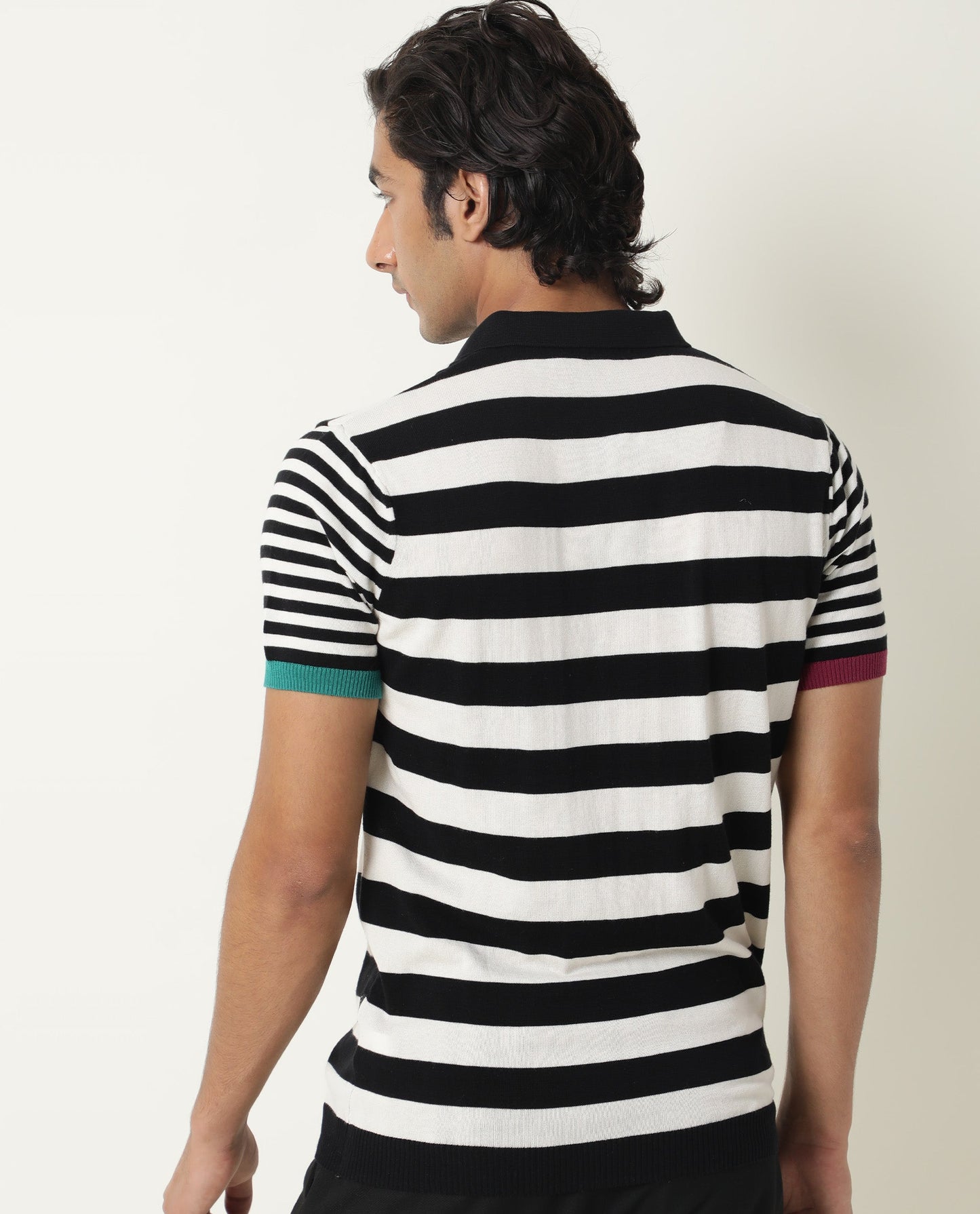 Rare Rabbit Men's Paulo Black Cotton Fabric Collared Neck Striped Polo T-Shirt