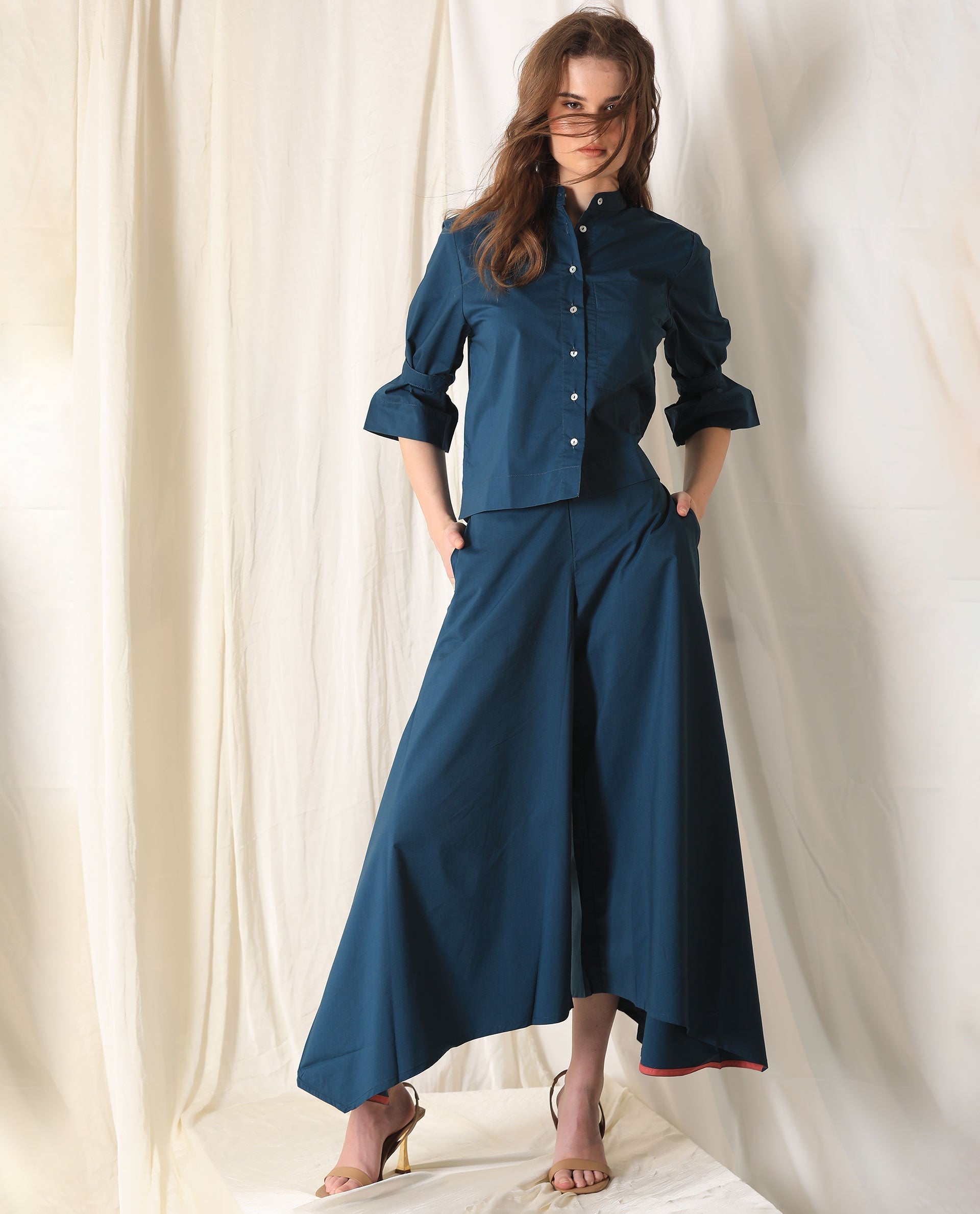 Rareism Womens Sendai Petrol Top Poly Lycra Fabric Regular Fit Half Sleeve Collared Neck