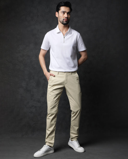 Rare Rabbit Men's Prin White Cotton Fabric Collared Neck Zipper Closure Half Sleeves Polo T-Shirt