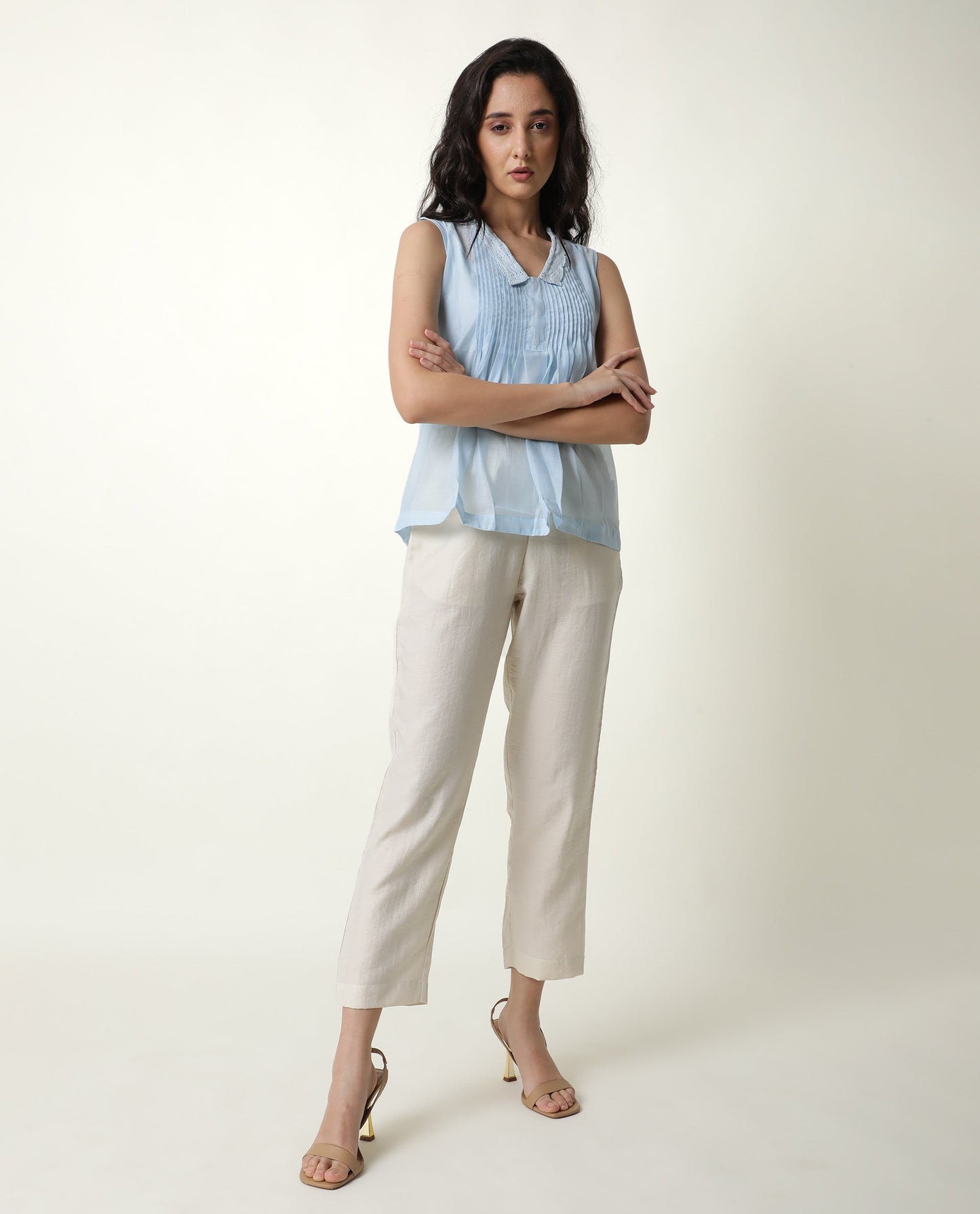 Rareism Women Leisure Blue Cotton Fabric Regular Fit V-Neck Sleeveless Solid Top