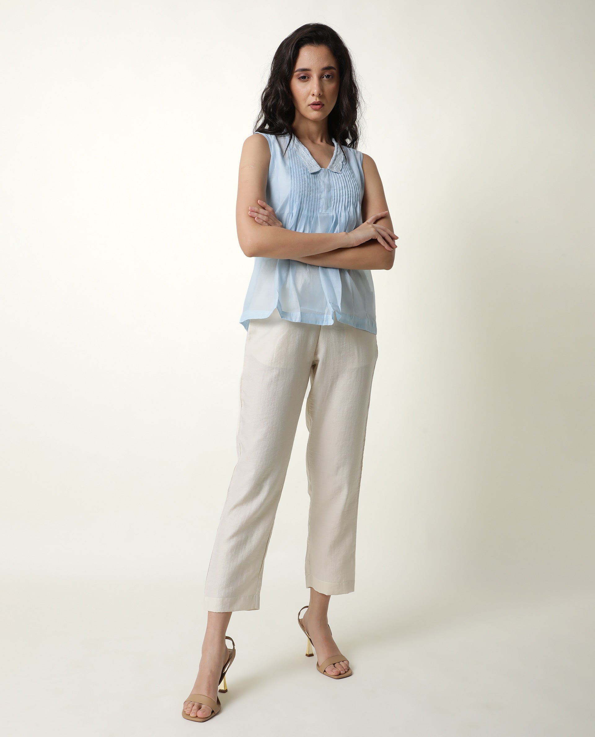 Rareism Women Leisure Blue Cotton Fabric Regular Fit V-Neck Sleeveless Solid Top