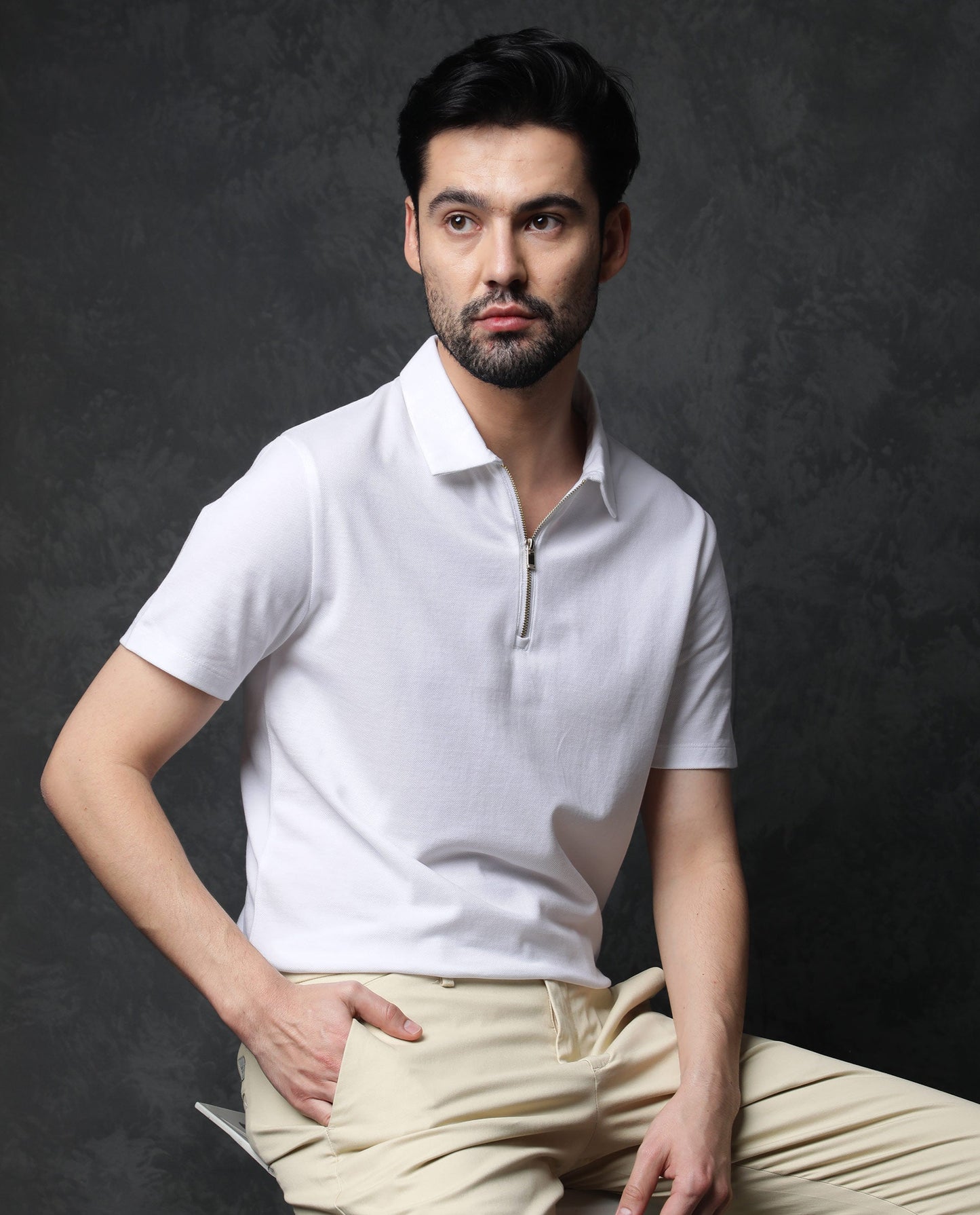 Rare Rabbit Men's Prin White Cotton Fabric Collared Neck Zipper Closure Half Sleeves Polo T-Shirt