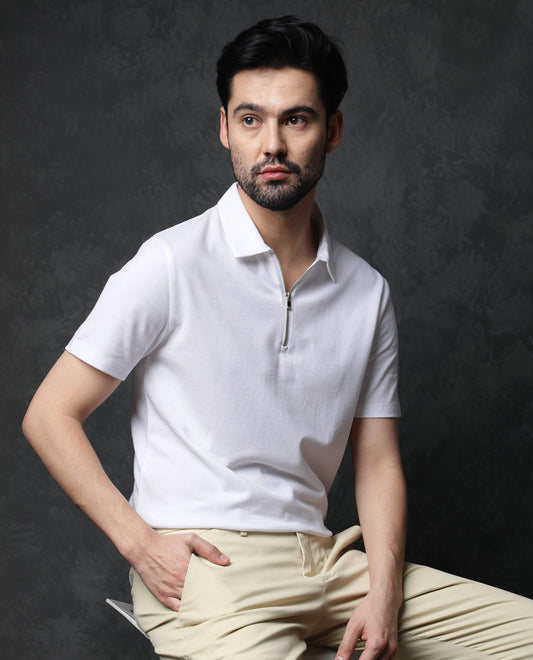 Rare Rabbit Men's Prin White Cotton Fabric Collared Neck Zipper Closure Half Sleeves Polo T-Shirt