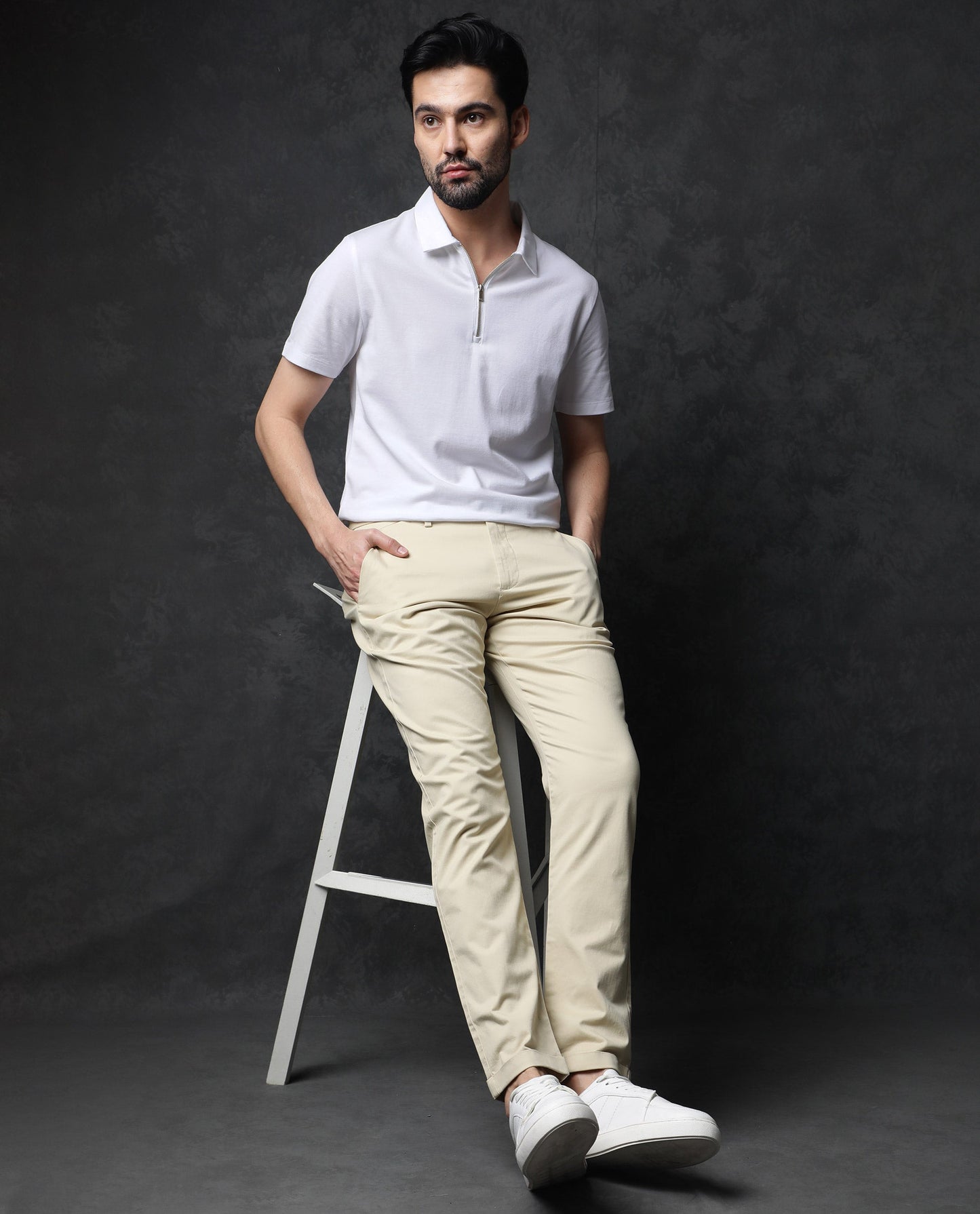 Rare Rabbit Men's Prin White Cotton Fabric Collared Neck Zipper Closure Half Sleeves Polo T-Shirt