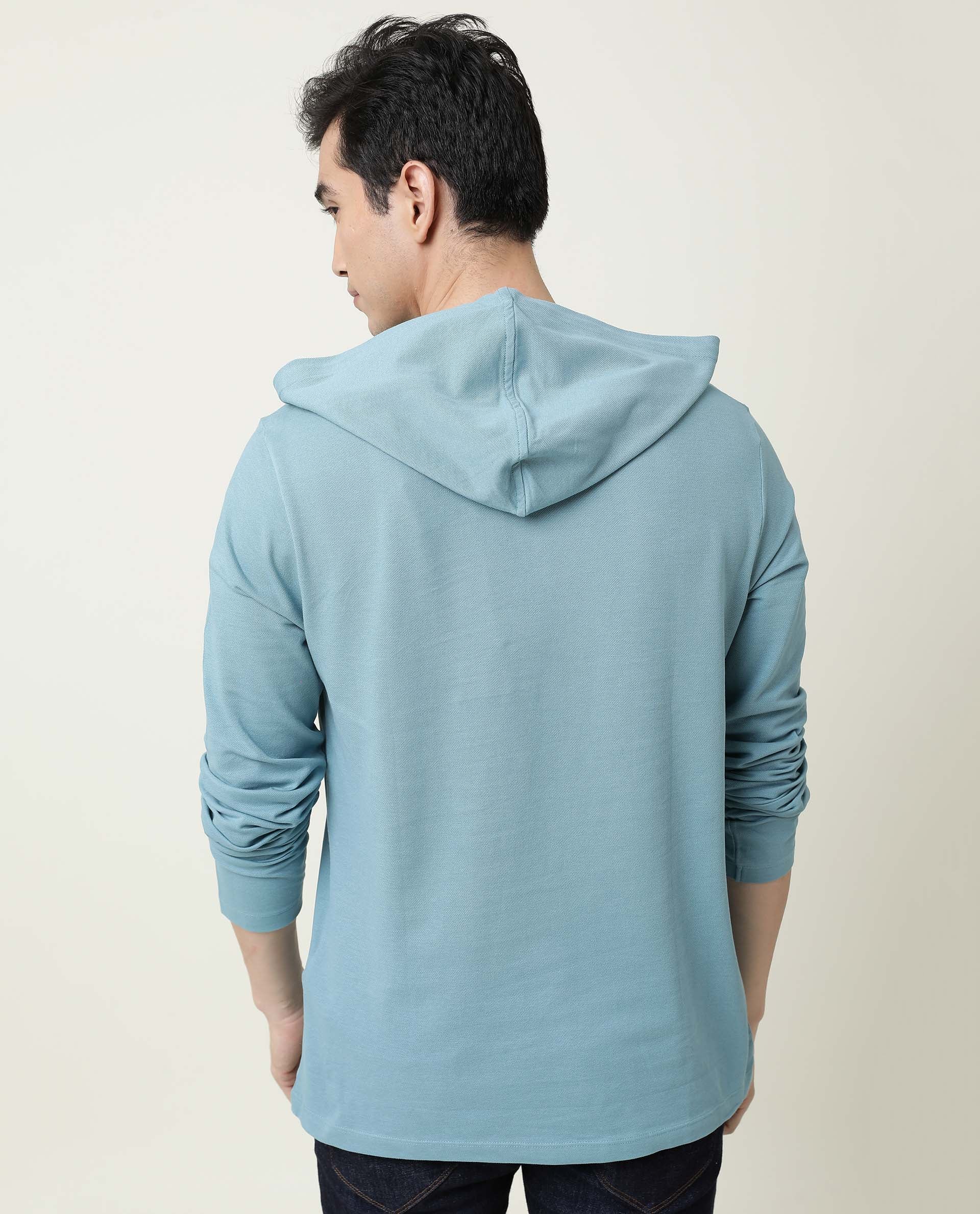 Rare Rabbit Men's Hoods Green Cotton Fabric Long Sleeves Hooded Polo T-Shirt
