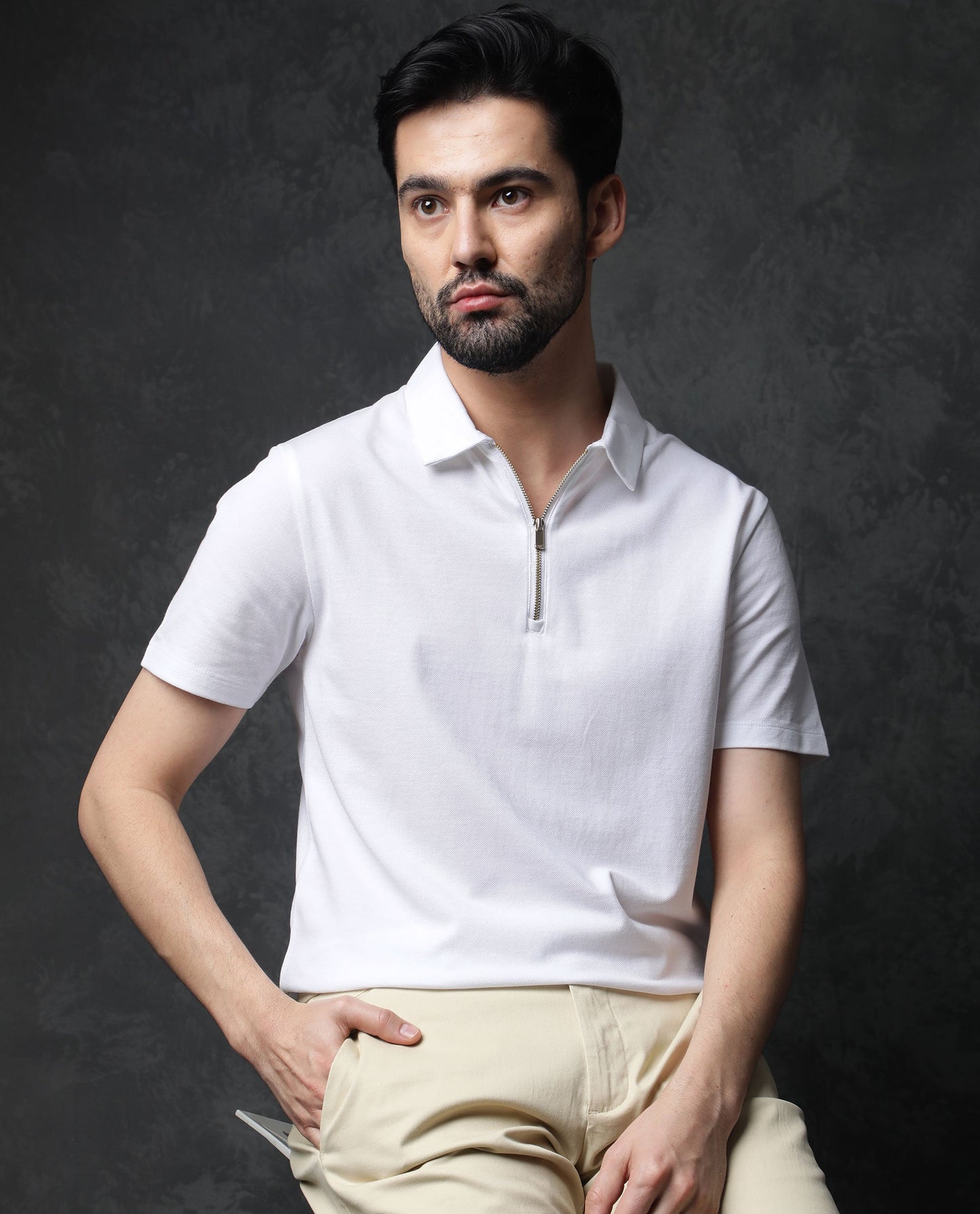 Rare Rabbit Men's Prin White Cotton Fabric Collared Neck Zipper Closure Half Sleeves Polo T-Shirt