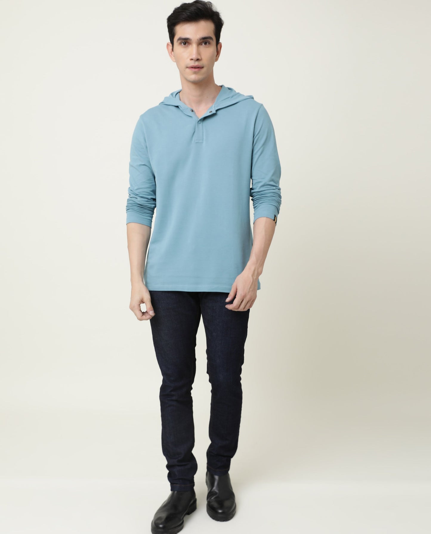 Rare Rabbit Men's Hoods Green Cotton Fabric Long Sleeves Hooded Polo T-Shirt
