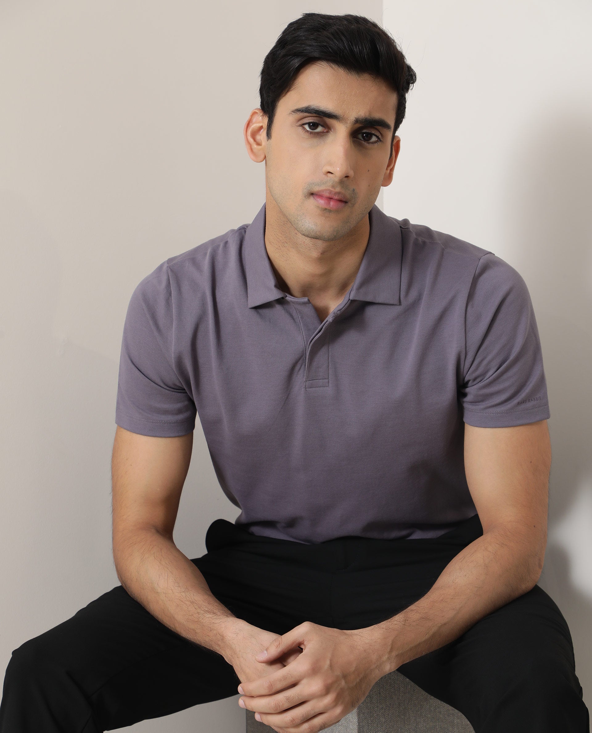 Rare Rabbit Men's Zeny Purple Cotton Fabric Collared Neck Half Sleeve Polo T-Shirt
