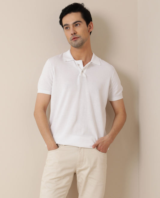 Rare Rabbit Men's Noah White Ribbed Collar Half Sleeve Flat Knit Polo T-Shirt
