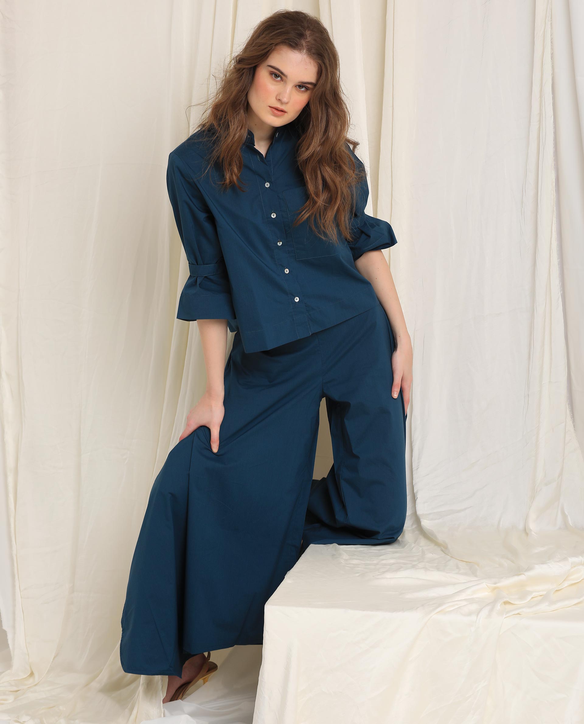 Rareism Womens Sendai Petrol Top Poly Lycra Fabric Regular Fit Half Sleeve Collared Neck