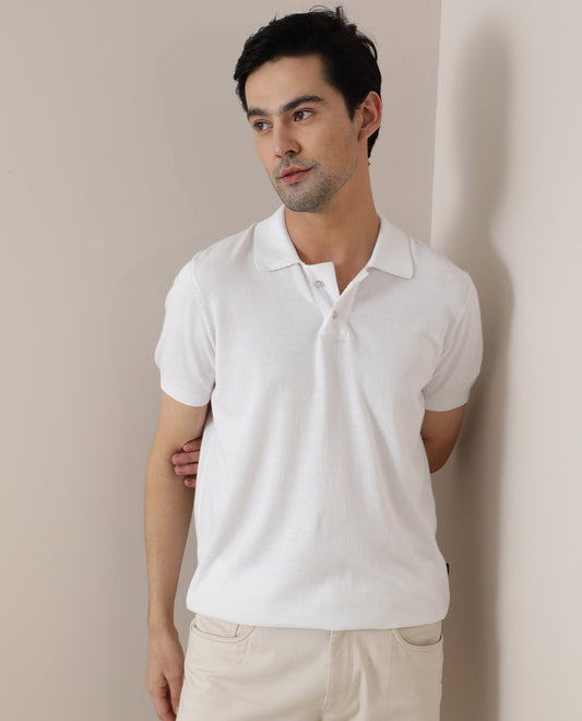 Rare Rabbit Men's Noah White Ribbed Collar Half Sleeve Flat Knit Polo T-Shirt