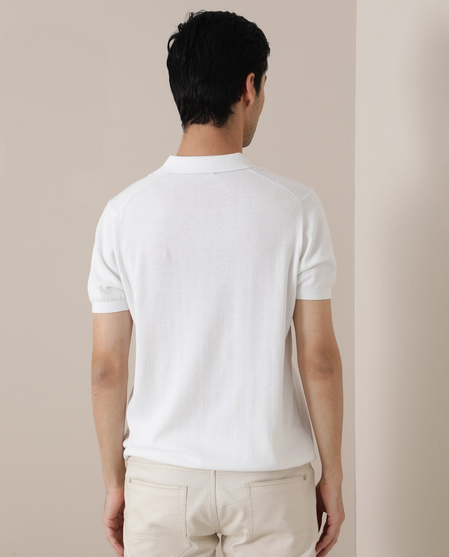 Rare Rabbit Men's Noah White Ribbed Collar Half Sleeve Flat Knit Polo T-Shirt