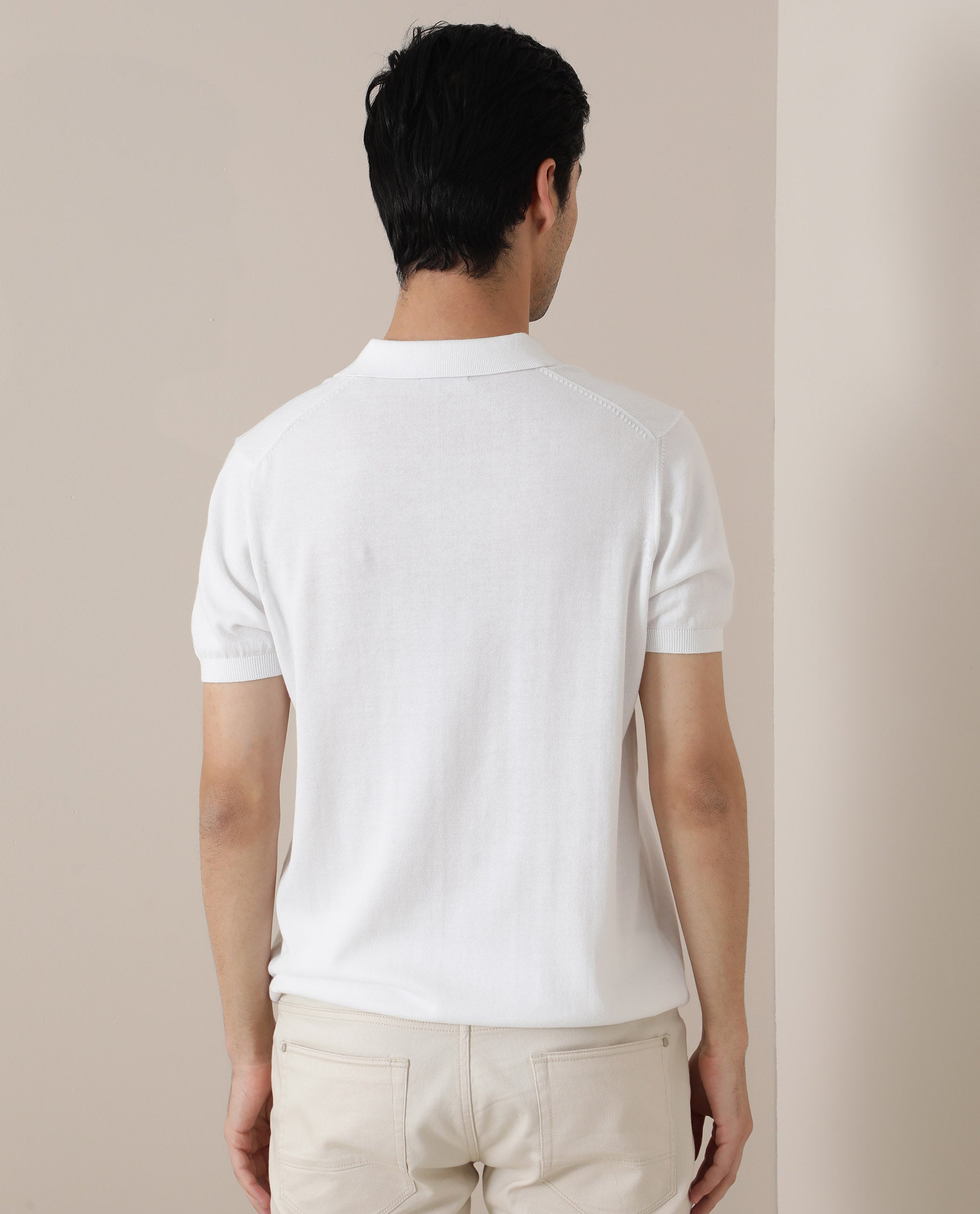 Rare Rabbit Men's Noah White Ribbed Collar Half Sleeve Flat Knit Polo T-Shirt