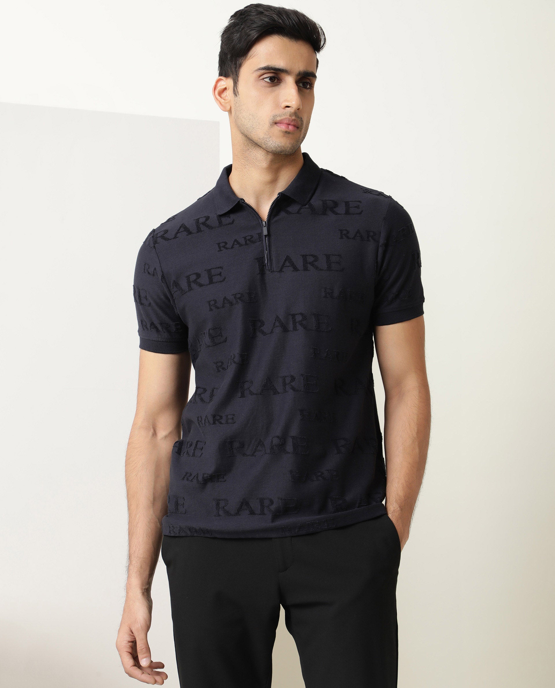 Rare Rabbit Men'S Gesset Dark Navy Polo Cotton Fabric Collared Neck Half Sleeves Zipper Closure