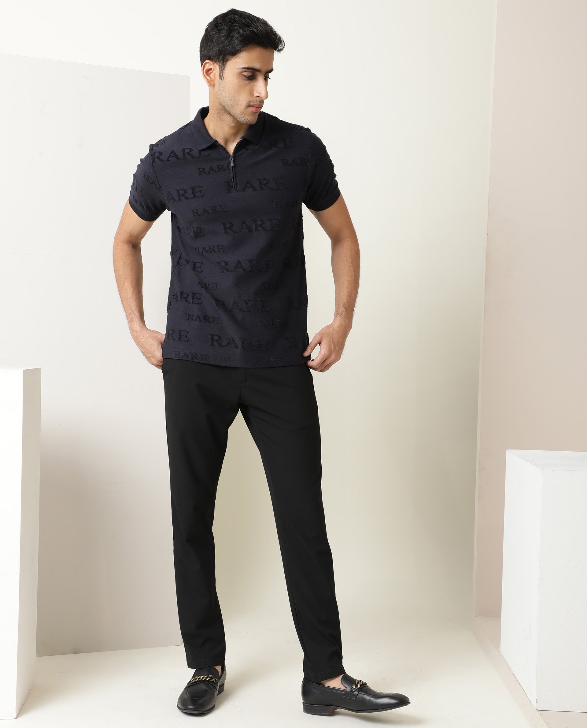 Rare Rabbit Men'S Gesset Dark Navy Polo Cotton Fabric Collared Neck Half Sleeves Zipper Closure