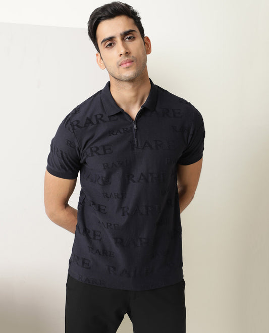 Rare Rabbit Men'S Gesset Dark Navy Polo Cotton Fabric Collared Neck Half Sleeves Zipper Closure