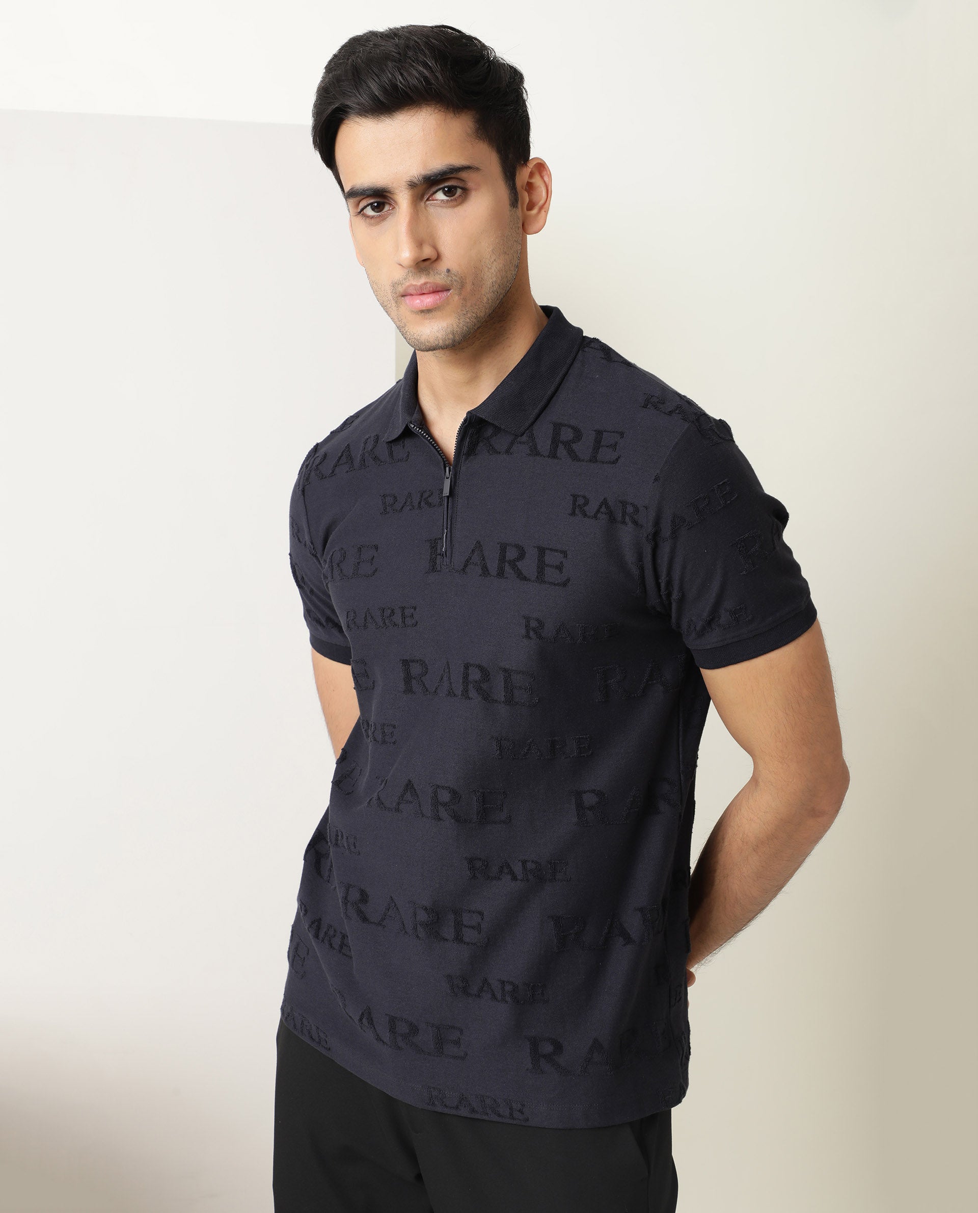 Rare Rabbit Men'S Gesset Dark Navy Polo Cotton Fabric Collared Neck Half Sleeves Zipper Closure