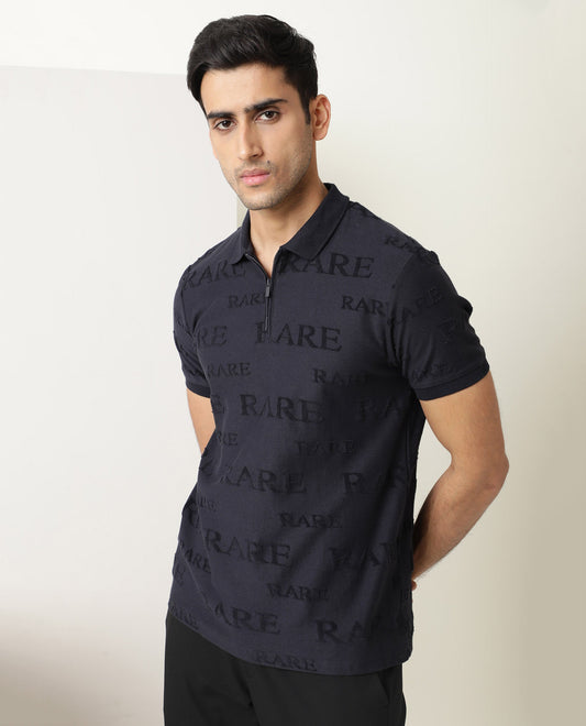 Rare Rabbit Men'S Gesset Dark Navy Polo Cotton Fabric Collared Neck Half Sleeves Zipper Closure
