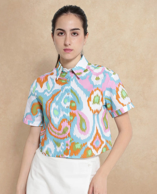 Rareism Women Inkia Multi Short Sleeve Collared Neck  Cropped Abstract Print Top