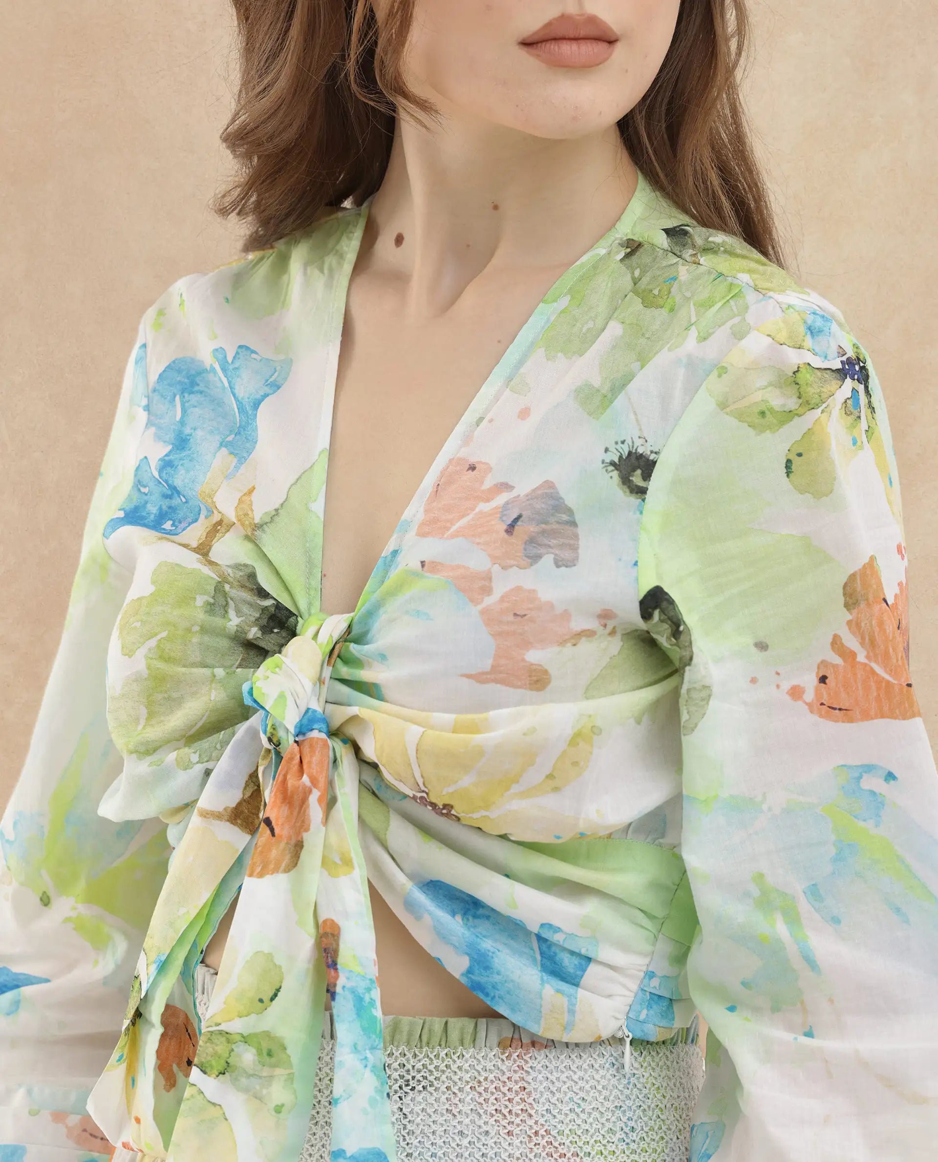 Rareism Women Ireen Multi Cotton Fabric 3/4Th Sleeves Zip Closure V-Neck Bell Sleeve Regular Fit Abstract Print Cropped Top