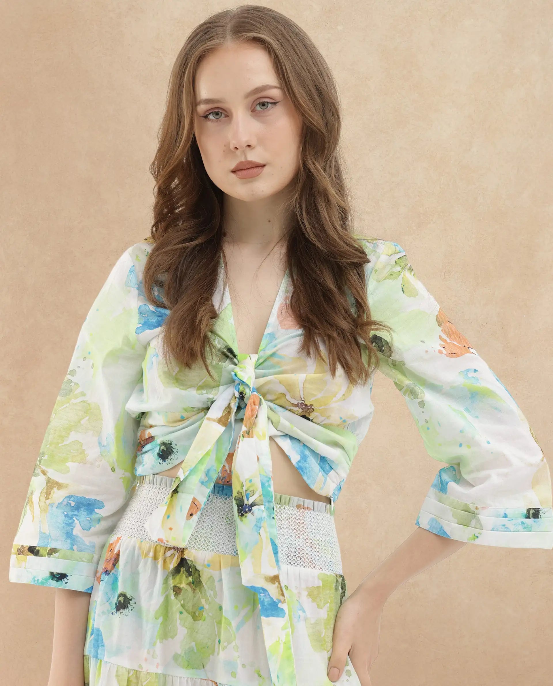 Rareism Women Ireen Multi Cotton Fabric 3/4Th Sleeves Zip Closure V-Neck Bell Sleeve Regular Fit Abstract Print Cropped Top