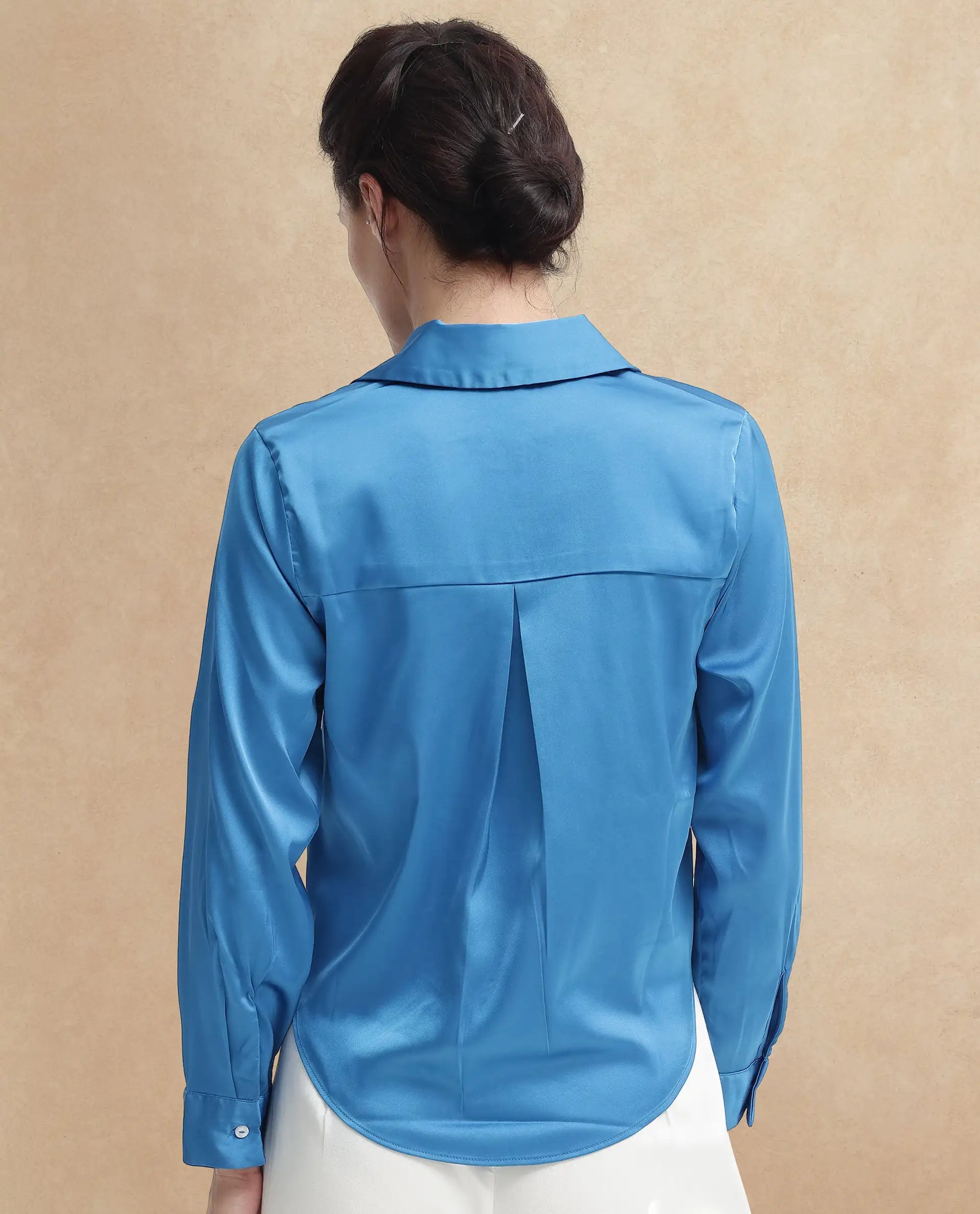 Rareism Women Irteen Flouroscent Blue Polyester Fabric Regular Sleeves Collared Neck Solid Regular Length Top