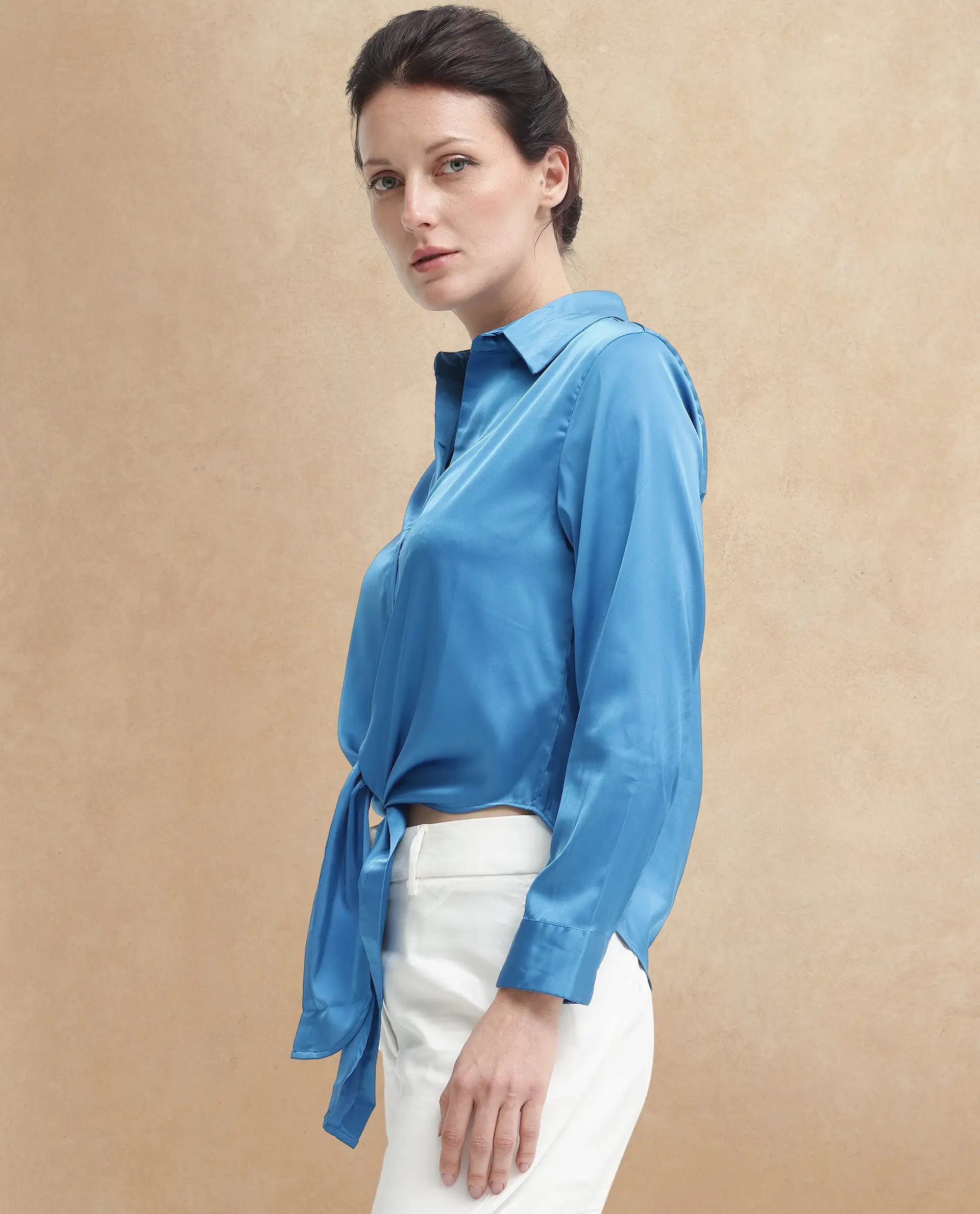 Rareism Women Irteen Flouroscent Blue Polyester Fabric Regular Sleeves Collared Neck Solid Regular Length Top