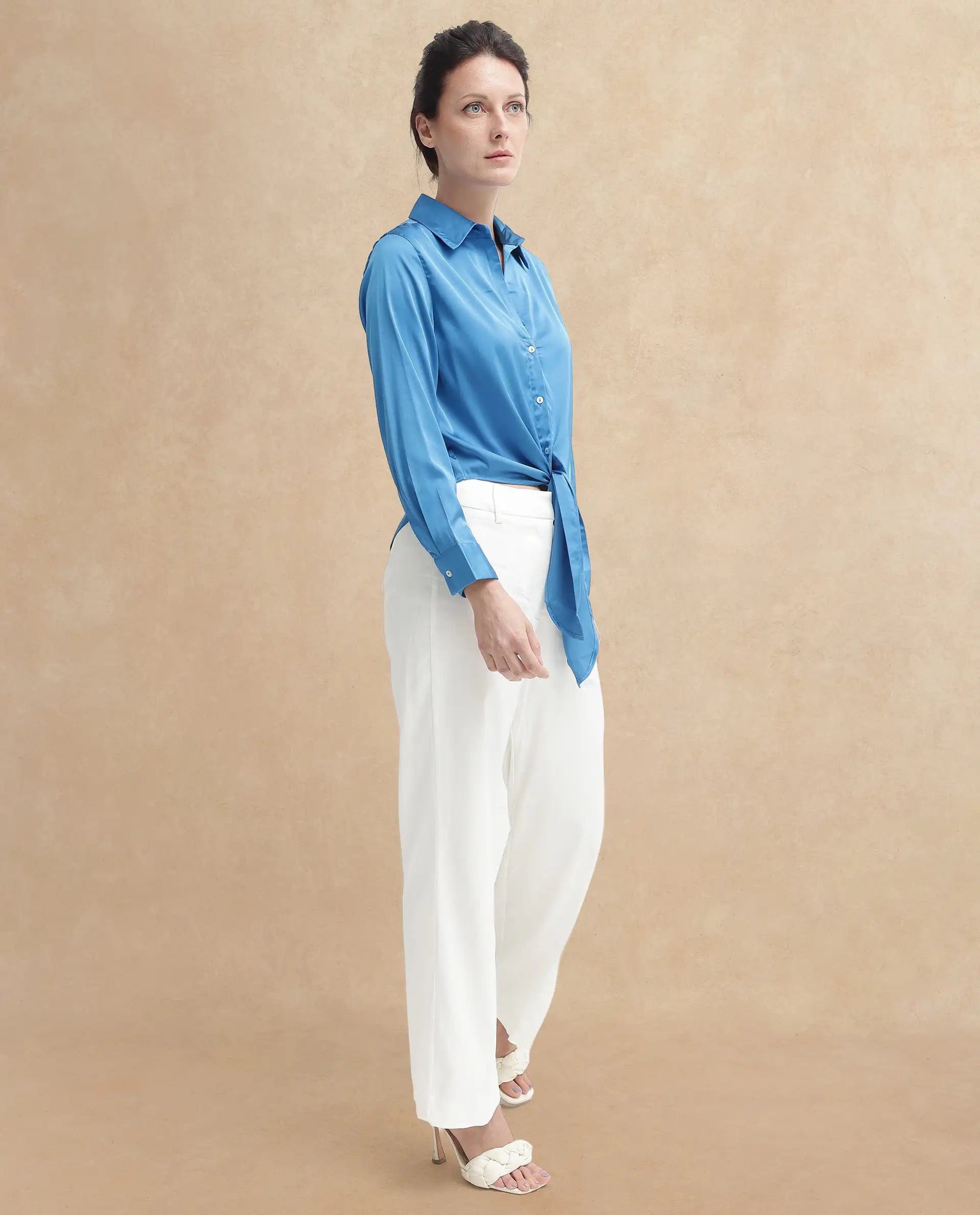 Rareism Women Irteen Flouroscent Blue Polyester Fabric Regular Sleeves Collared Neck Solid Regular Length Top