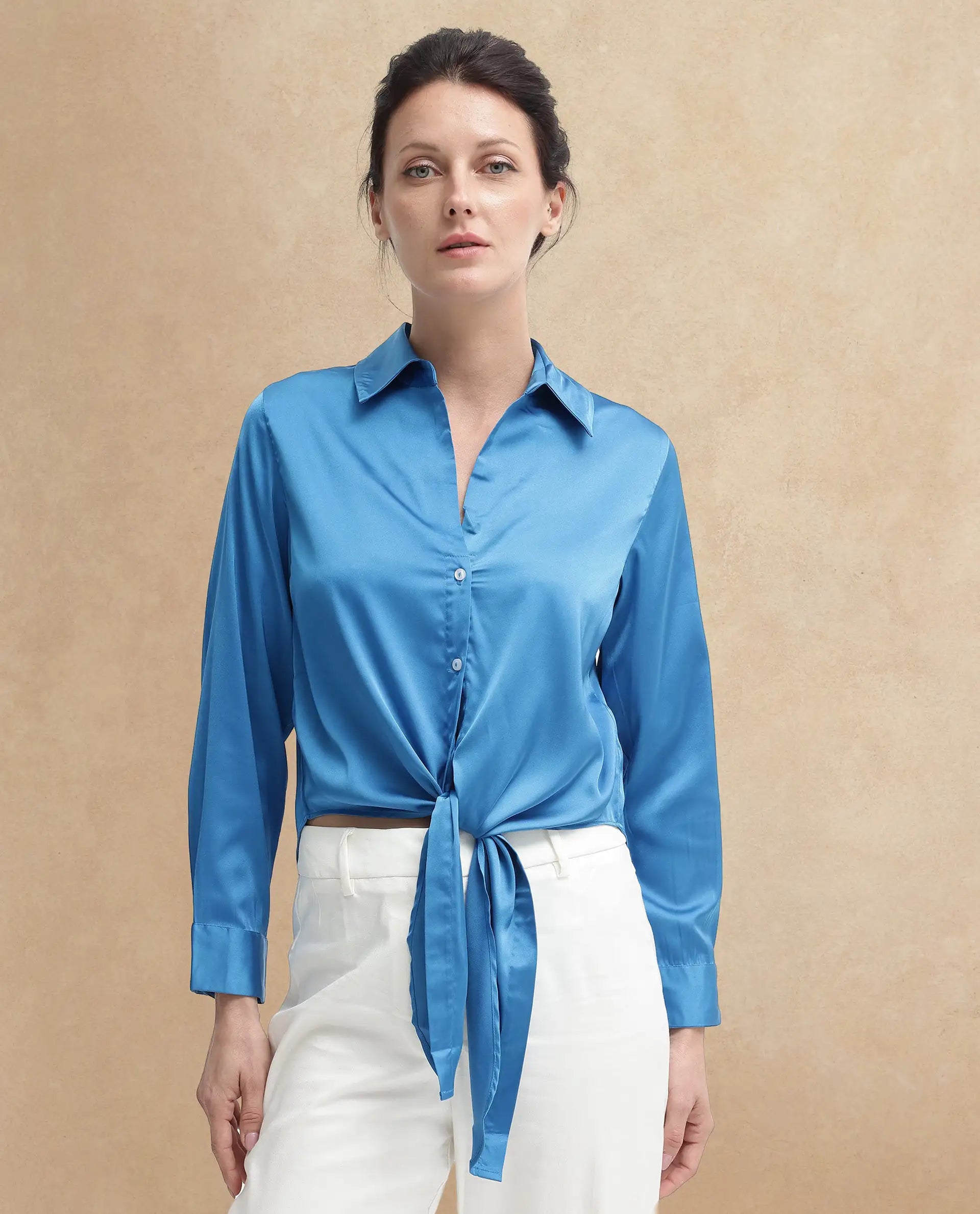 Rareism Women Irteen Flouroscent Blue Polyester Fabric Regular Sleeves Collared Neck Solid Regular Length Top