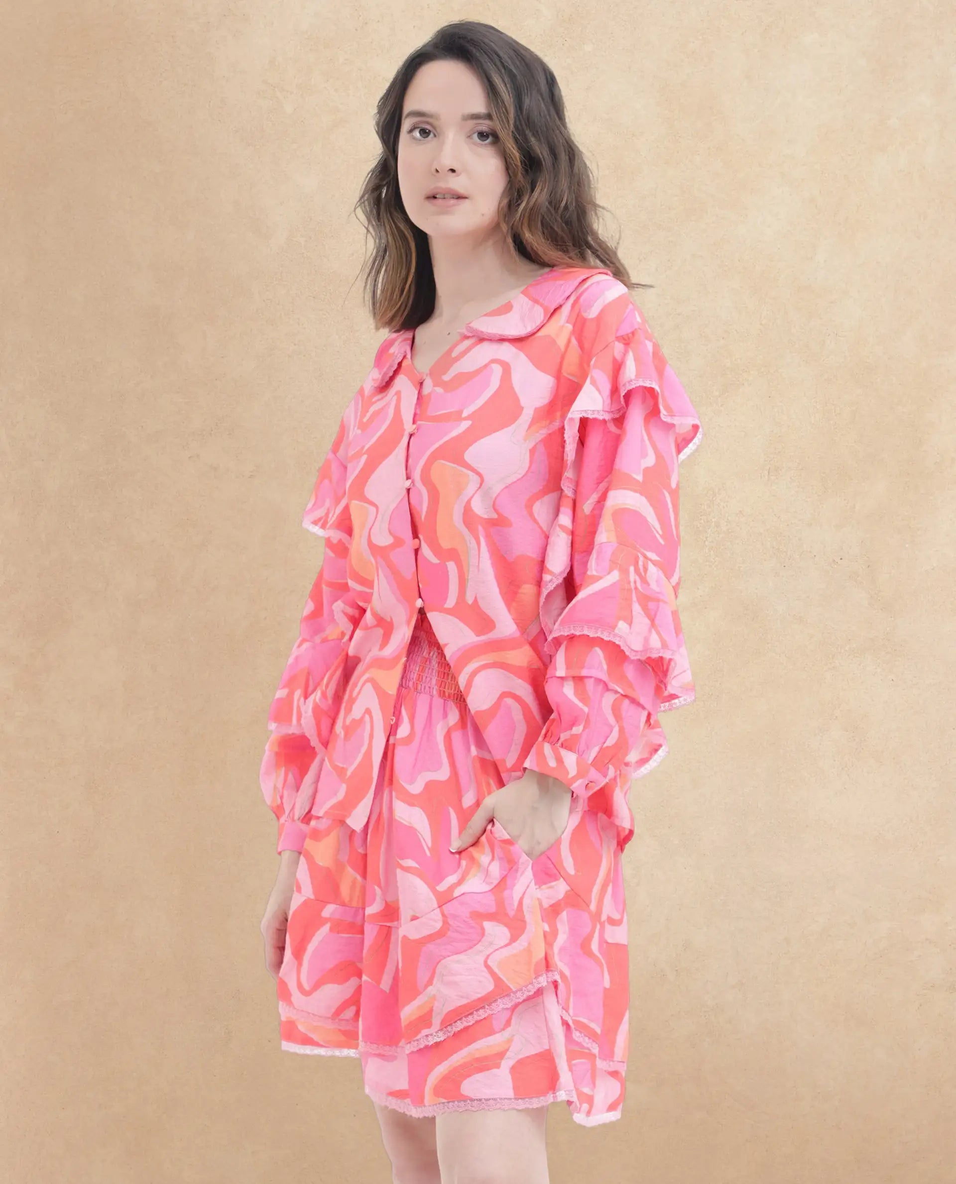 Rareism Women Ivan Multi Viscose Nylon Fabric Full Sleeves Button Closure Peter Pan Bishop Sleeve Regular Fit Abstract Print Top