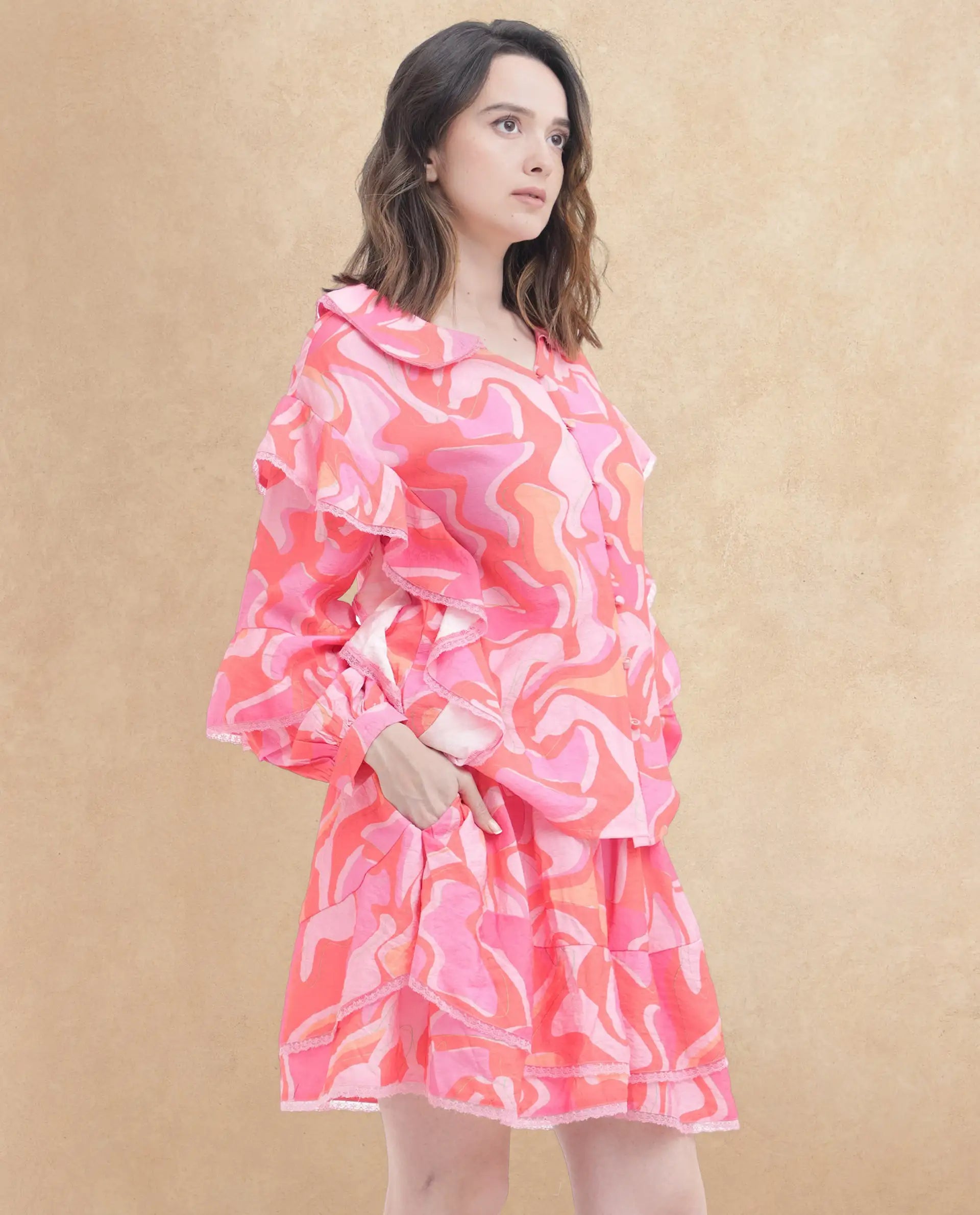 Rareism Women Ivan Multi Viscose Nylon Fabric Full Sleeves Button Closure Peter Pan Bishop Sleeve Regular Fit Abstract Print Top