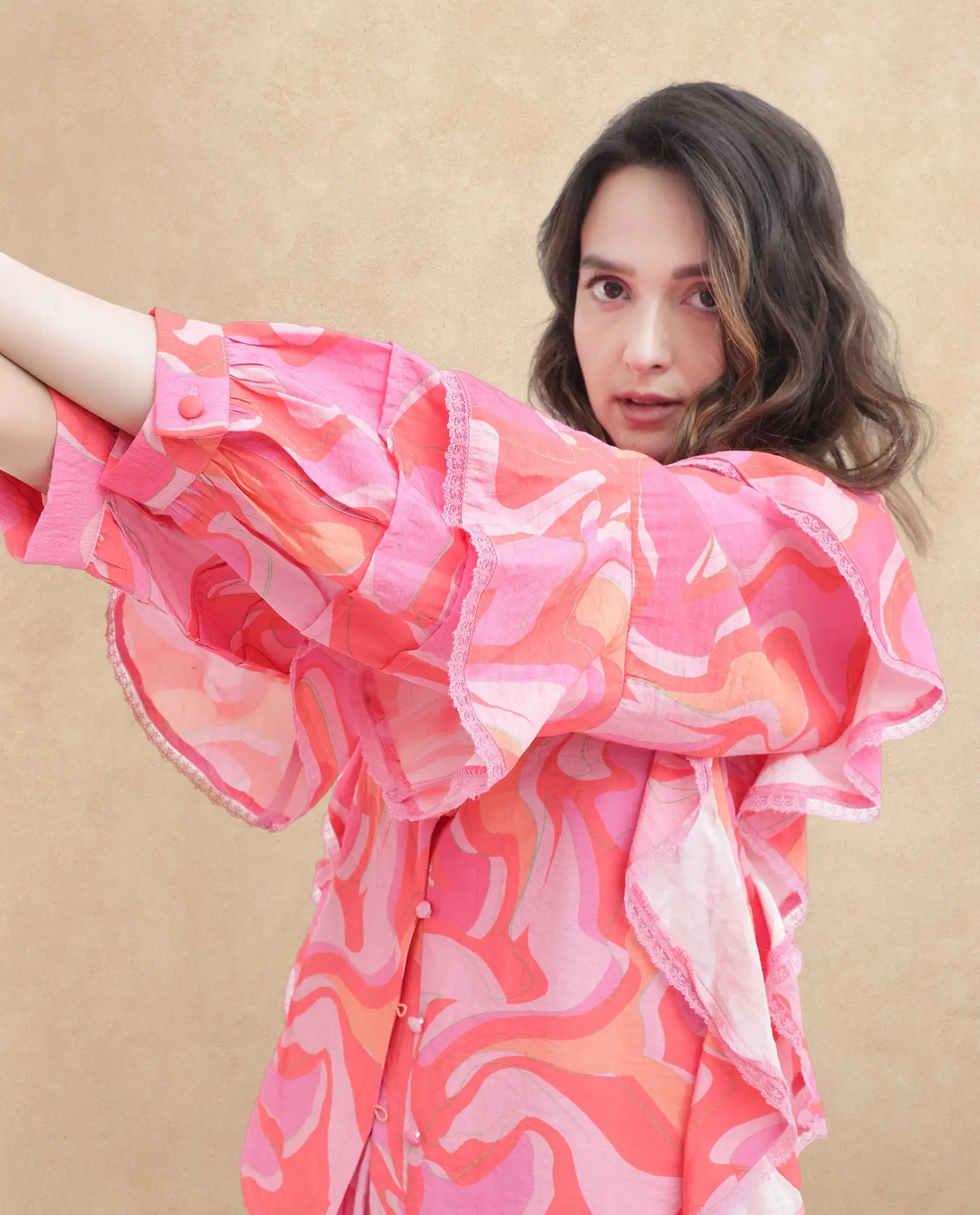 Rareism Women Ivan Multi Viscose Nylon Fabric Full Sleeves Button Closure Peter Pan Bishop Sleeve Regular Fit Abstract Print Top