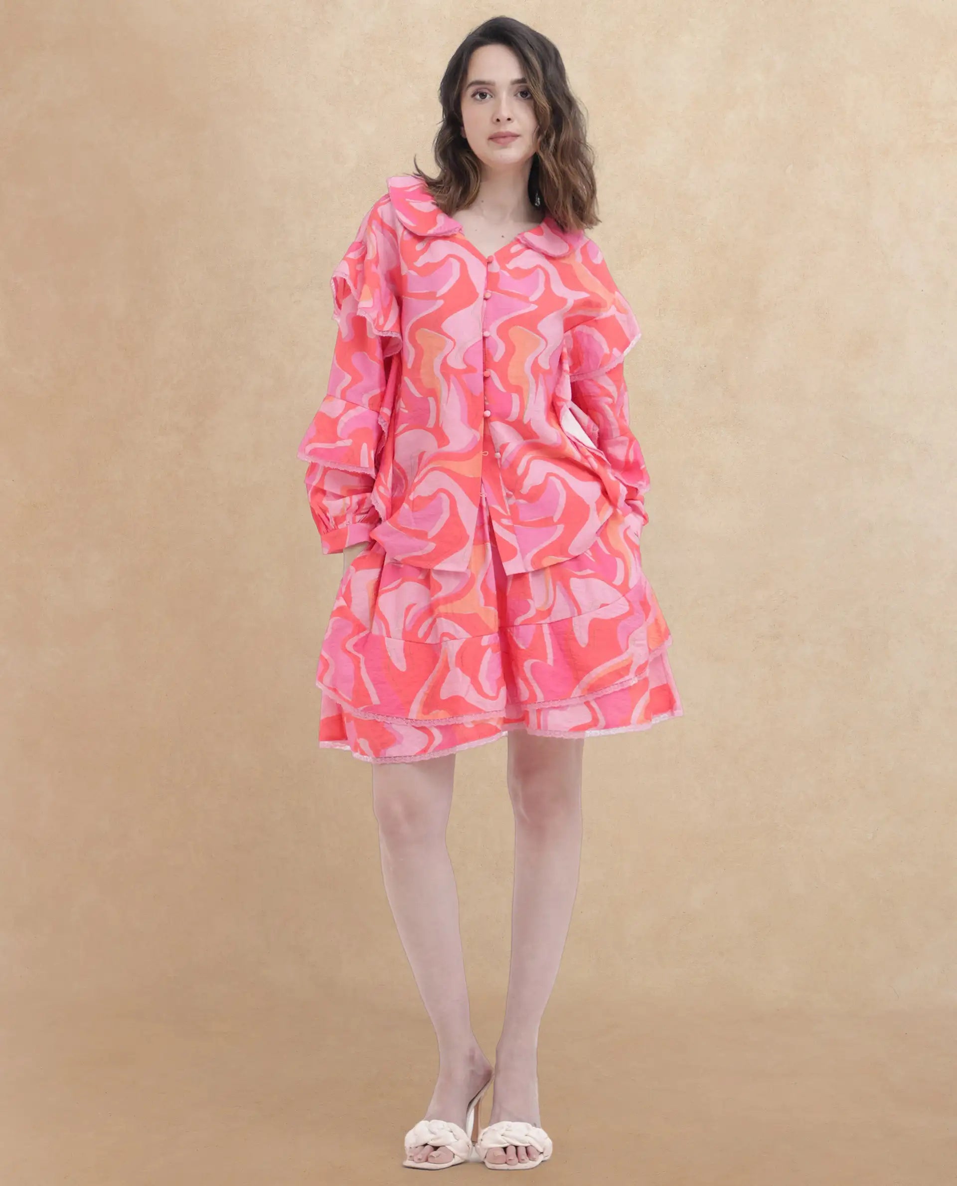 Rareism Women Ivan Multi Viscose Nylon Fabric Full Sleeves Button Closure Peter Pan Bishop Sleeve Regular Fit Abstract Print Top