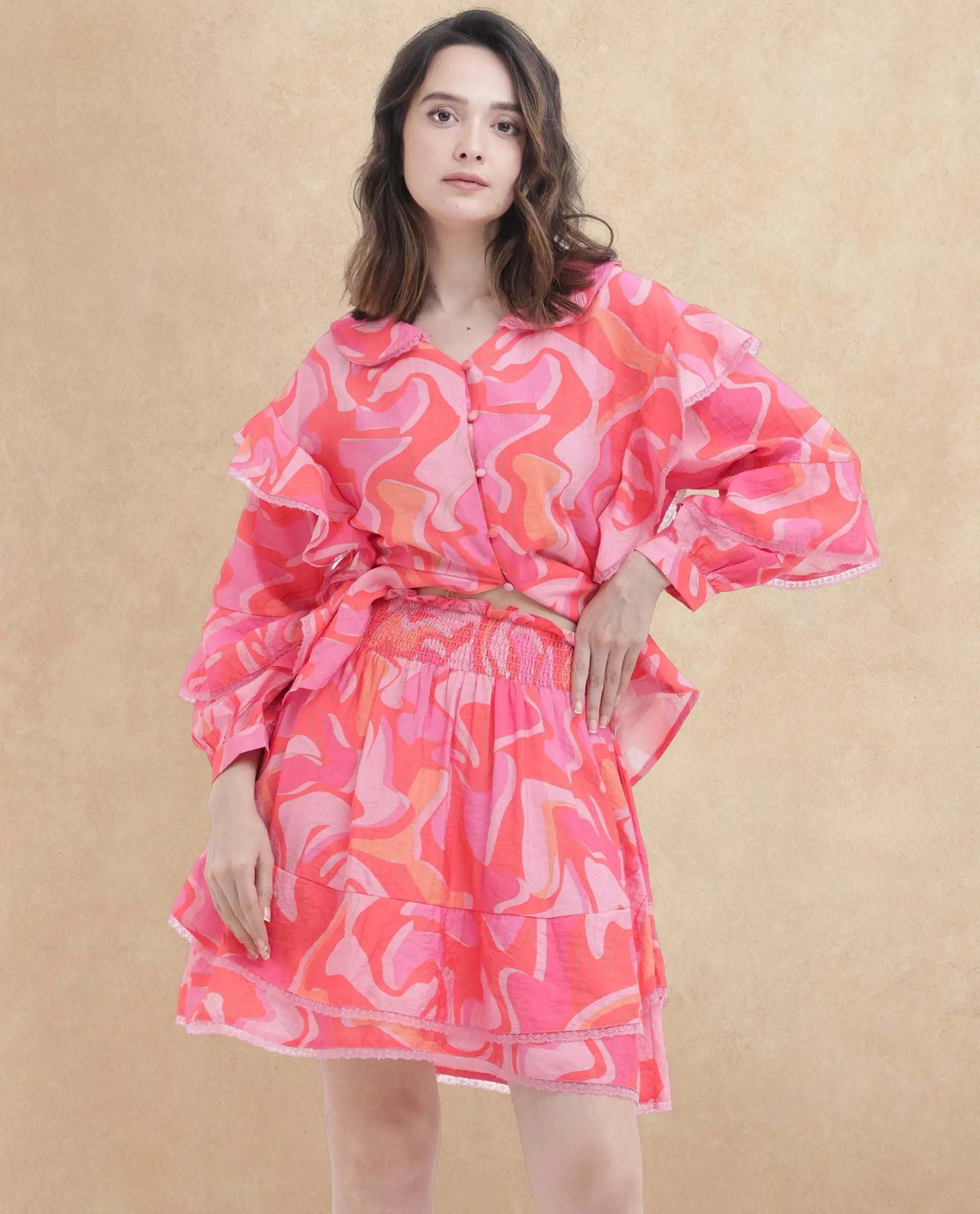 Rareism Women Ivan Multi Viscose Nylon Fabric Full Sleeves Button Closure Peter Pan Bishop Sleeve Regular Fit Abstract Print Top