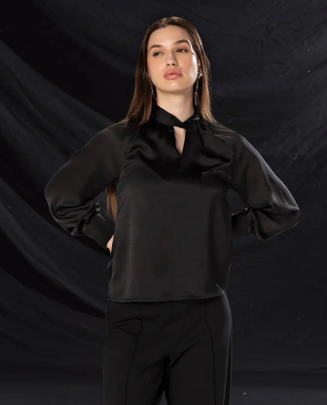 Rareism Women Innoga Black Satin Cuffed Sleeve High Neck Button Closure Plain Top