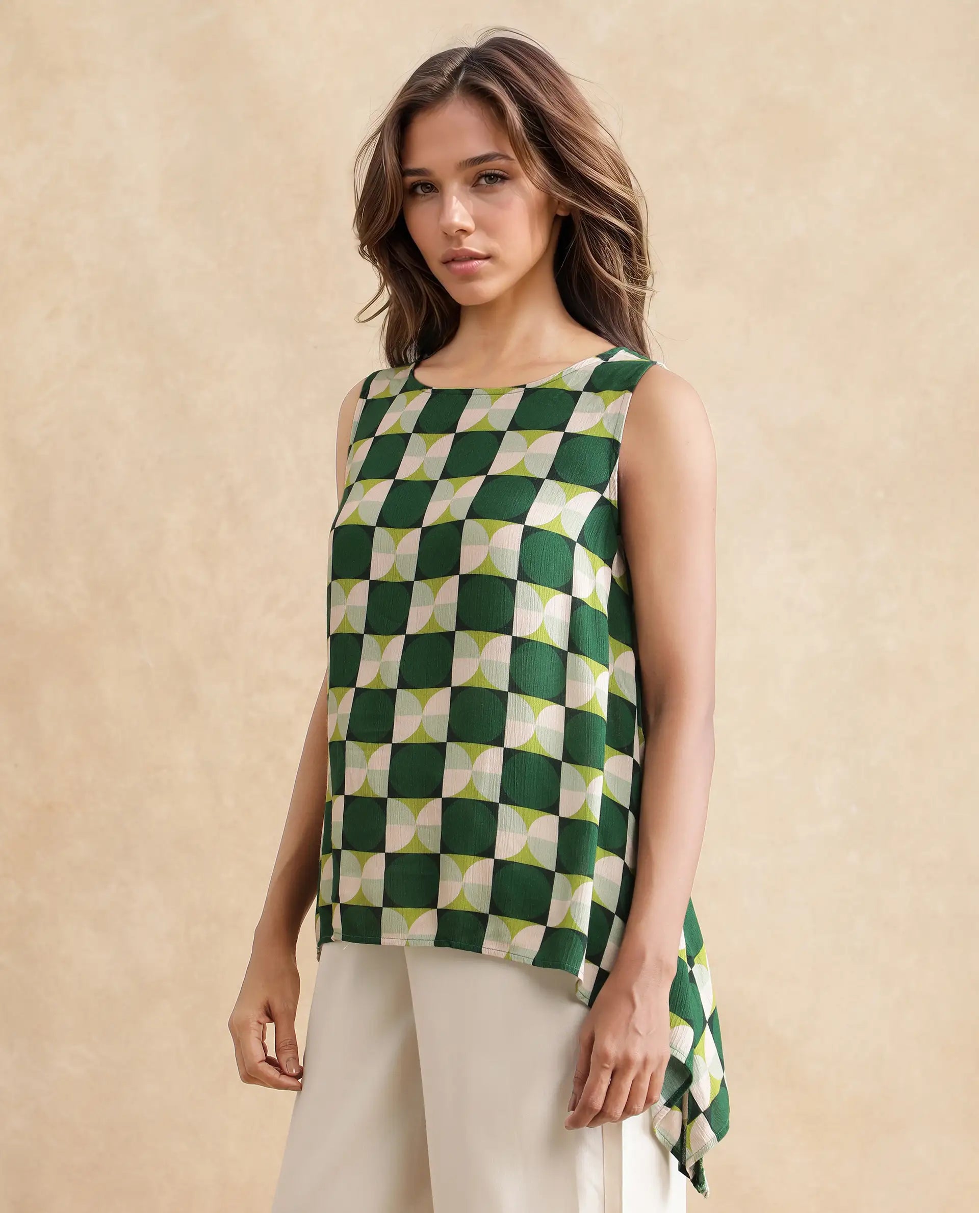 Rareism Women Janus Dark Multi Viscose Sleeveless Crew Neck Geometric Print Top