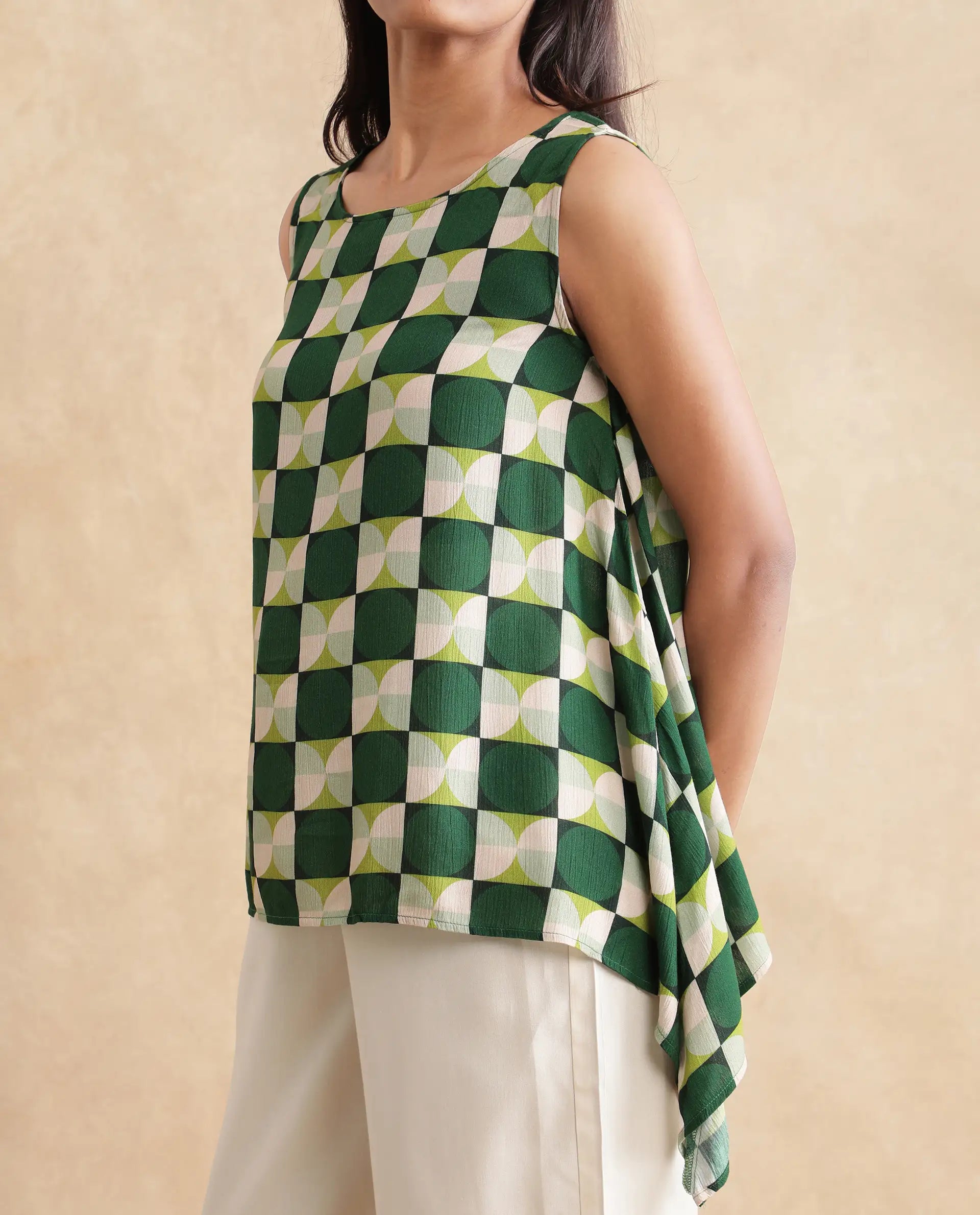 Rareism Women Janus Dark Multi Viscose Sleeveless Crew Neck Geometric Print Top