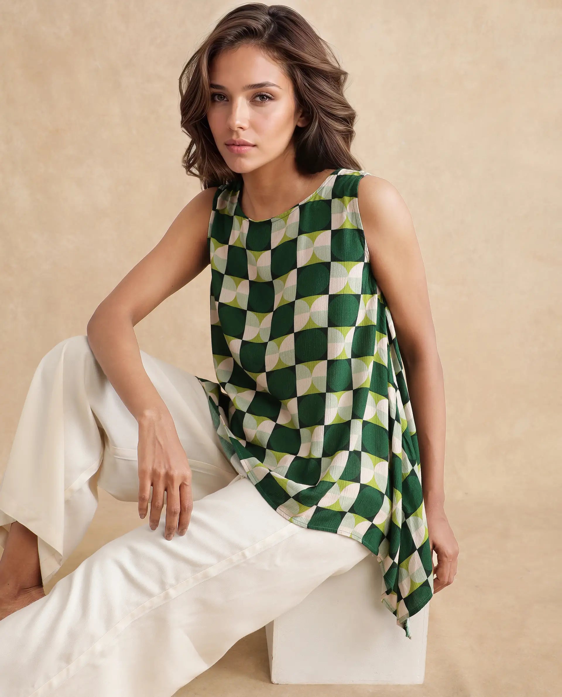 Rareism Women Janus Dark Multi Viscose Sleeveless Crew Neck Geometric Print Top