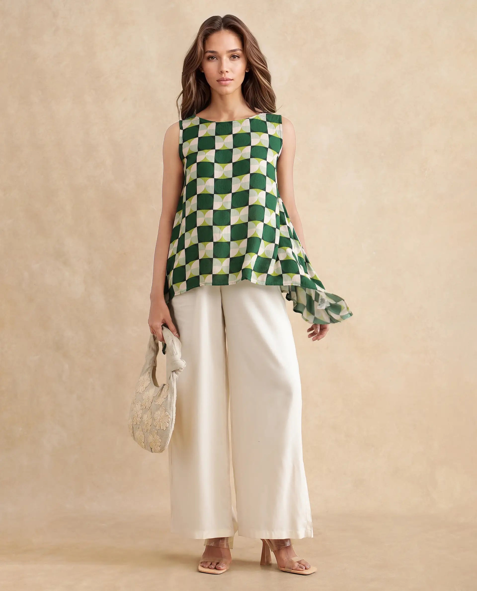 Rareism Women Janus Dark Multi Viscose Sleeveless Crew Neck Geometric Print Top