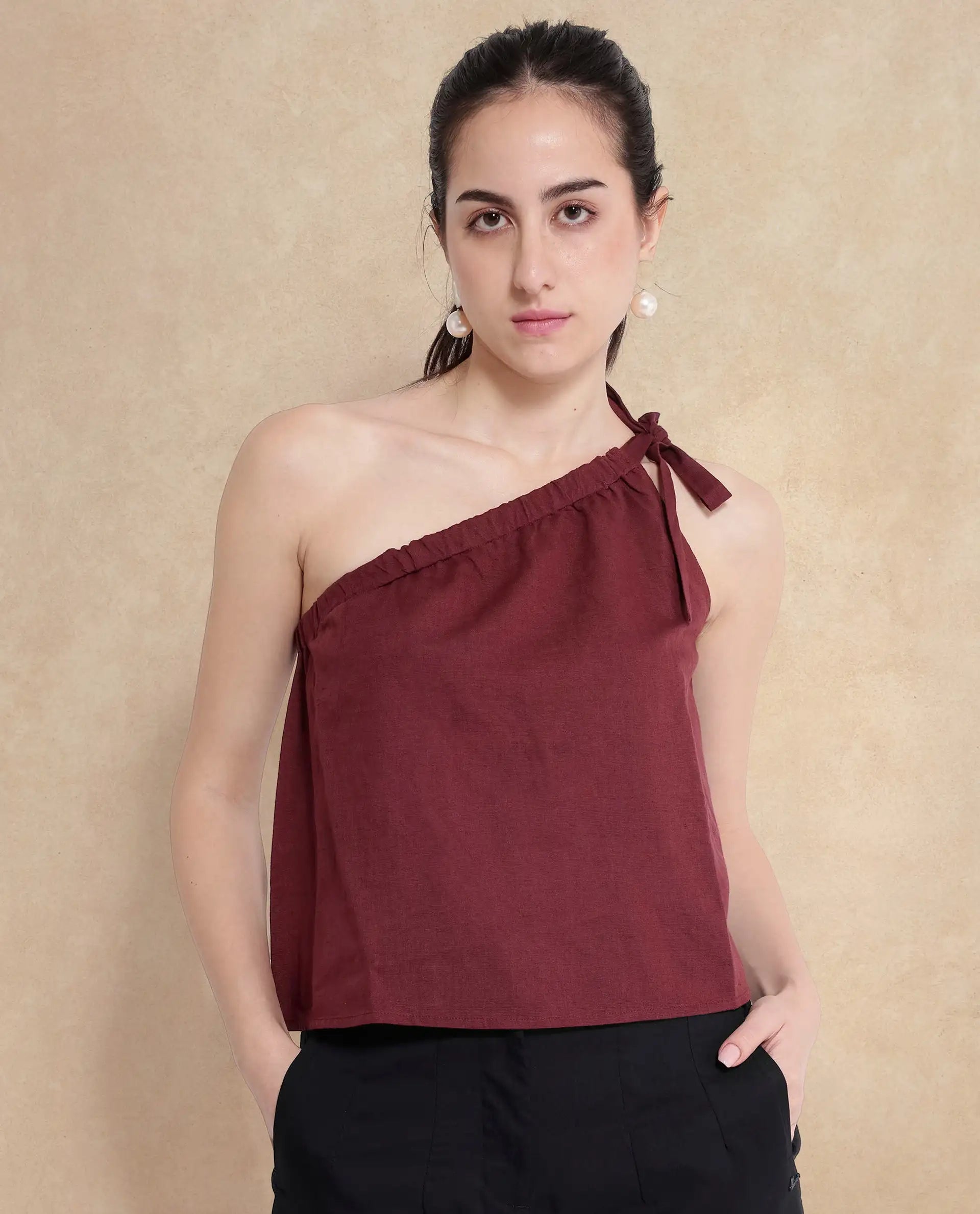 Rareism Women Jarza Maroon One Shoulder Tie Up Plain Cropped Top
