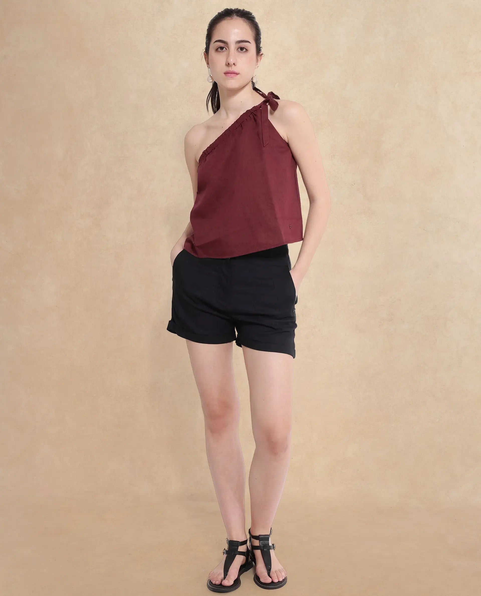 Rareism Women Jarza Maroon One Shoulder Tie Up Plain Cropped Top