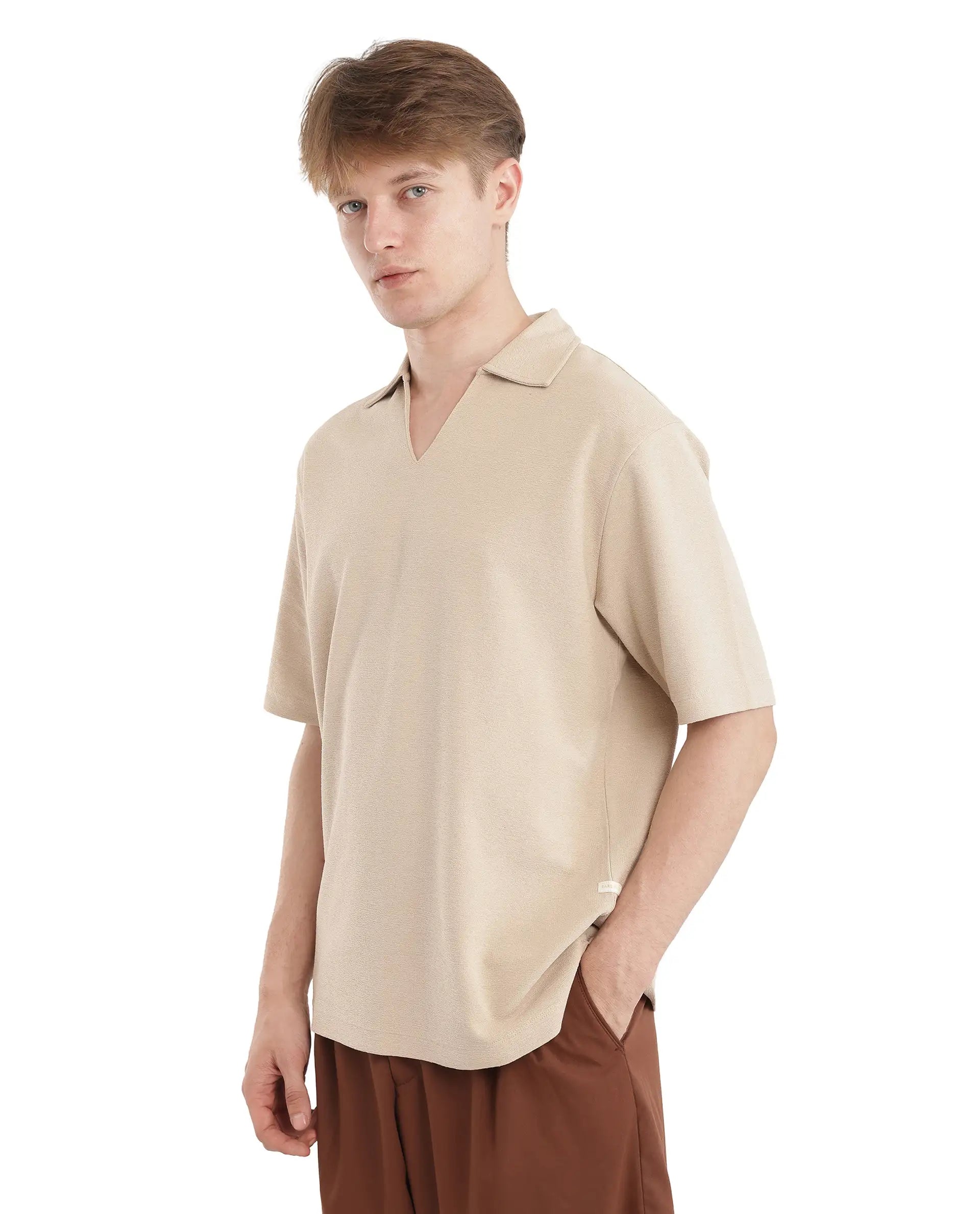 Rare Rabbit Men Jawal Beige Cotton Poly Fabric Short Sleeve Open Collar Oversized Fit Plain Polo