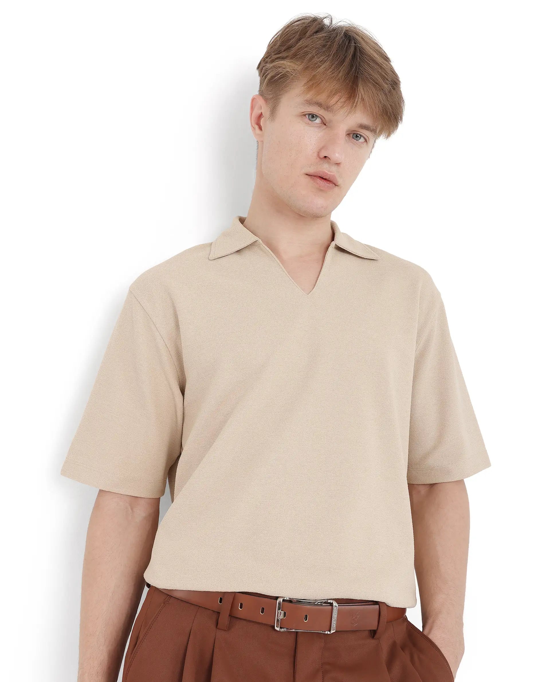 Rare Rabbit Men Jawal Beige Cotton Poly Fabric Short Sleeve Open Collar Oversized Fit Plain Polo