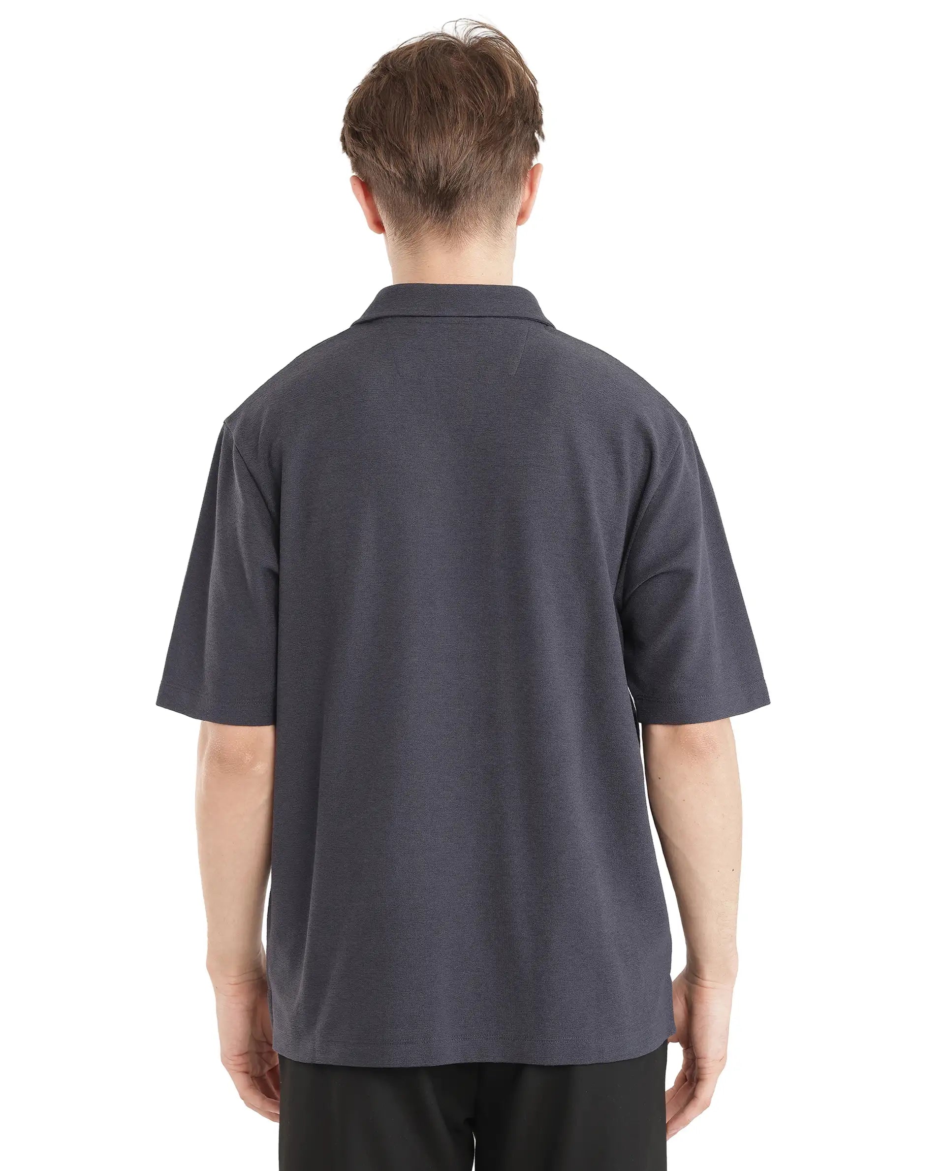 Rare Rabbit Men Jawal Navy Cotton Poly Fabric Short Sleeve Open Collar Oversized Fit Plain Polo