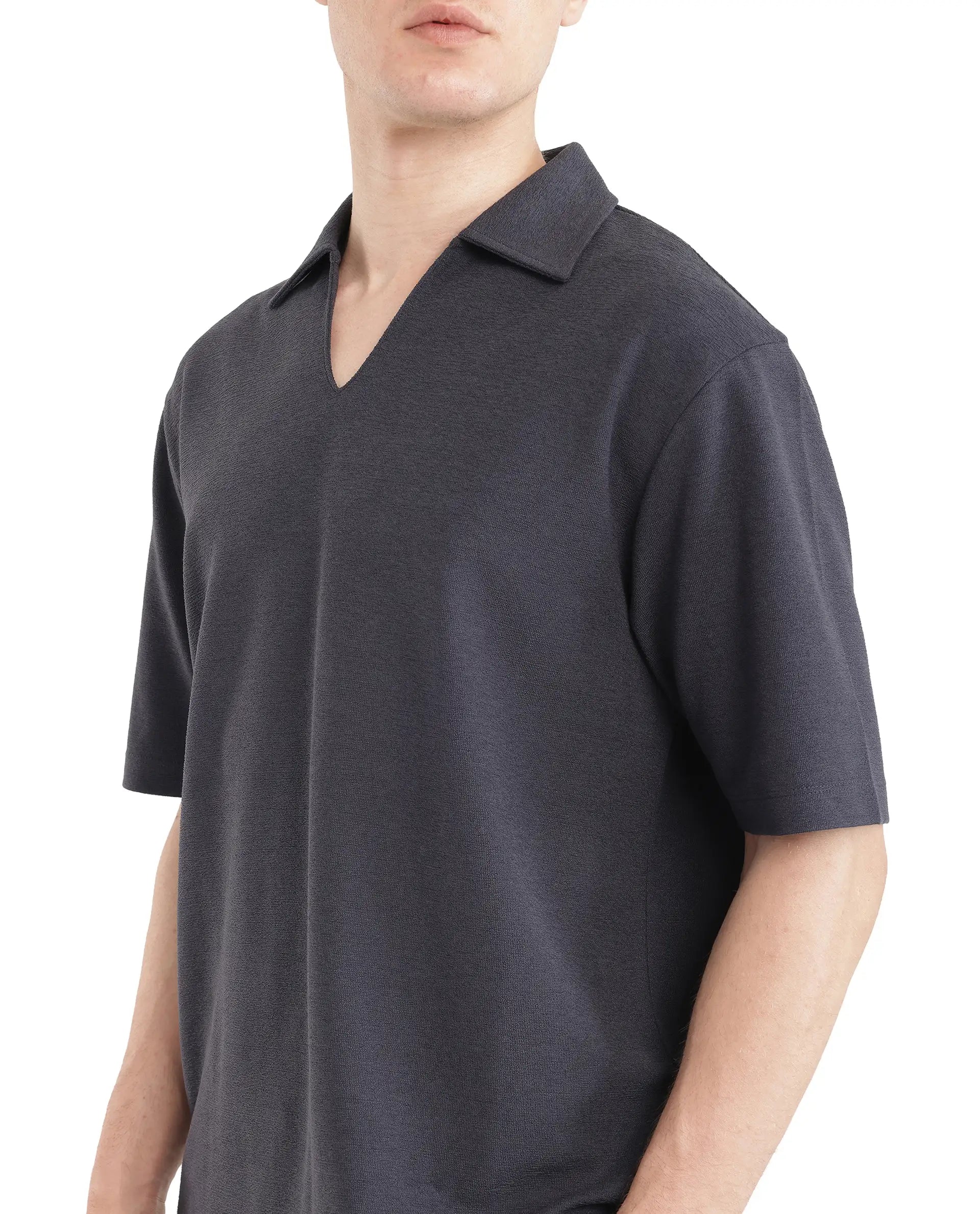 Rare Rabbit Men Jawal Navy Cotton Poly Fabric Short Sleeve Open Collar Oversized Fit Plain Polo