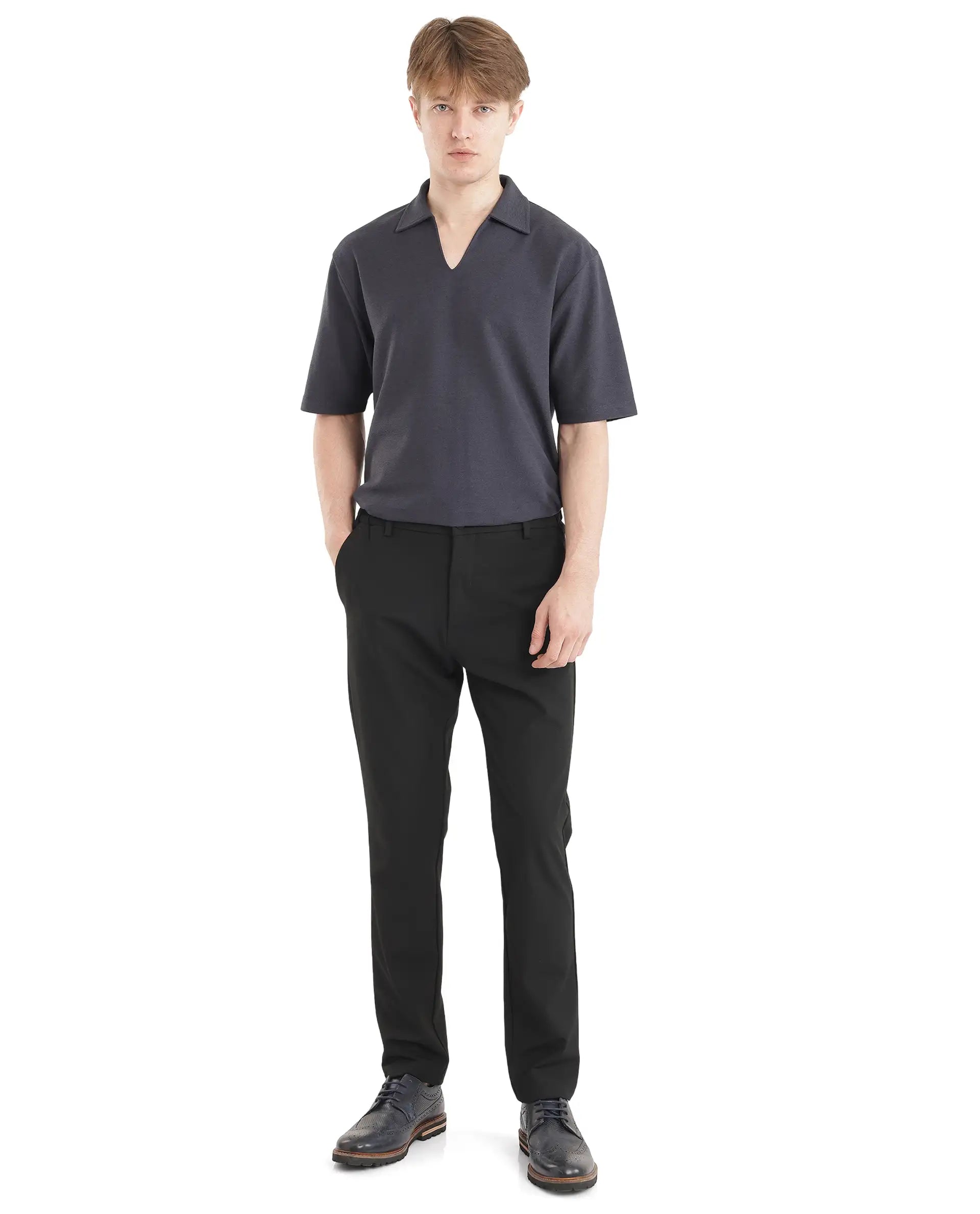 Rare Rabbit Men Jawal Navy Cotton Poly Fabric Short Sleeve Open Collar Oversized Fit Plain Polo
