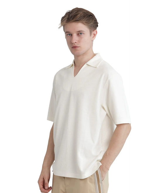 Rare Rabbit Men Jawal Off White Cotton Poly Fabric Short Sleeve Open Collar Oversized Fit Plain Polo