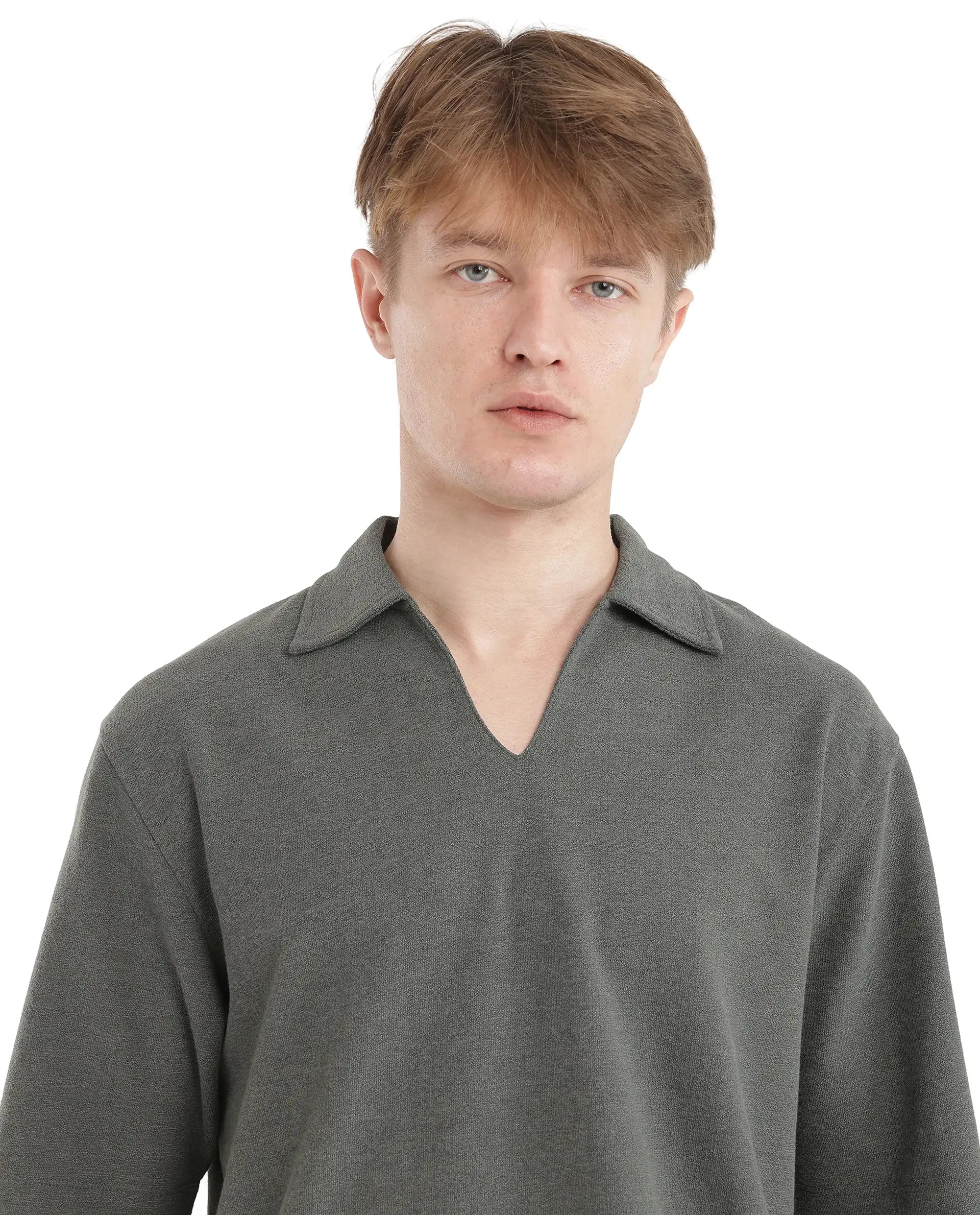 Rare Rabbit Men Jawal Olive Cotton Poly Fabric Short Sleeve Open Collar Oversized Fit Plain Polo