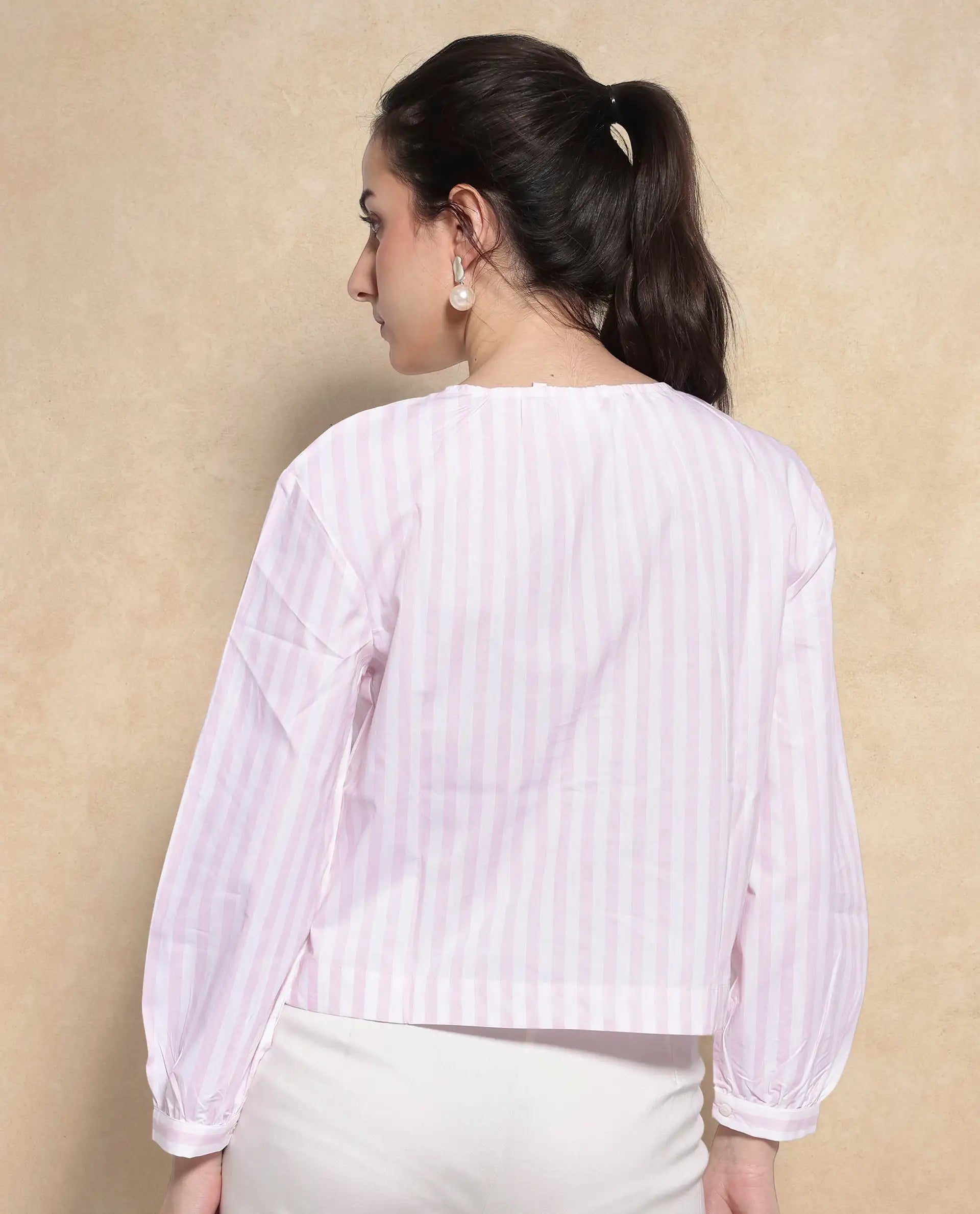 Rareism Women Jayleon Pink Cuffed Sleeve Round Neck Button Narrow Stripes Top