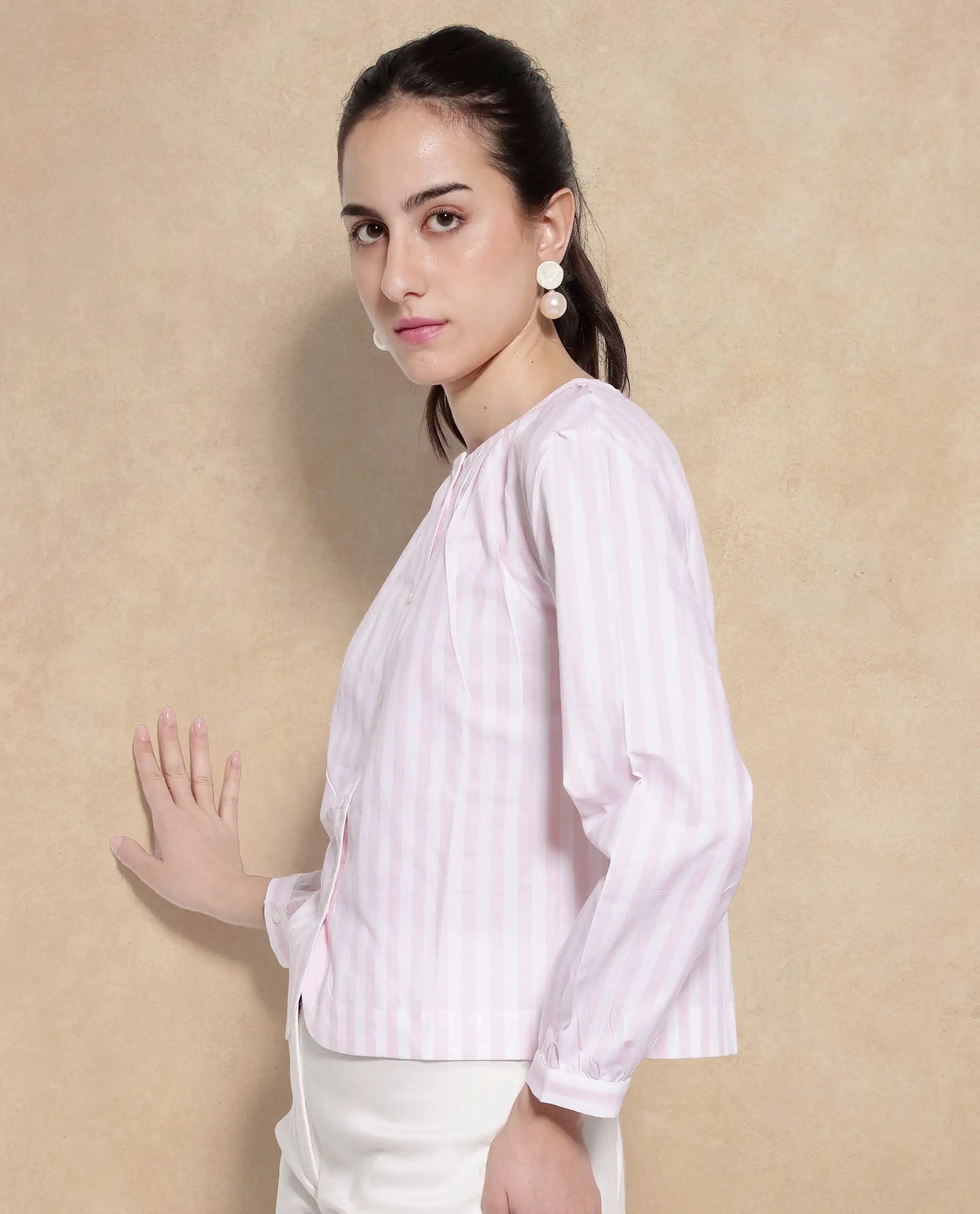 Rareism Women Jayleon Pink Cuffed Sleeve Round Neck Button Narrow Stripes Top